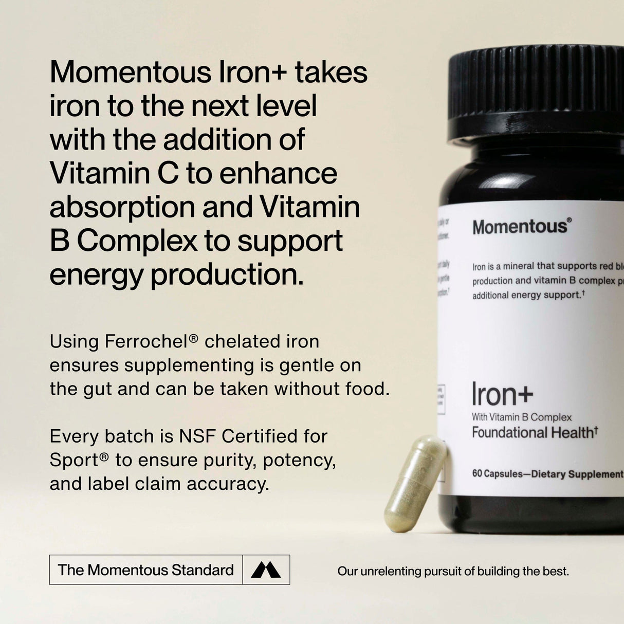 A bottle of Momentous Iron+ capsules with a pill beside it, featuring text highlighting its Ferrochel iron, energy support benefits, and NSF certification by Momentous.