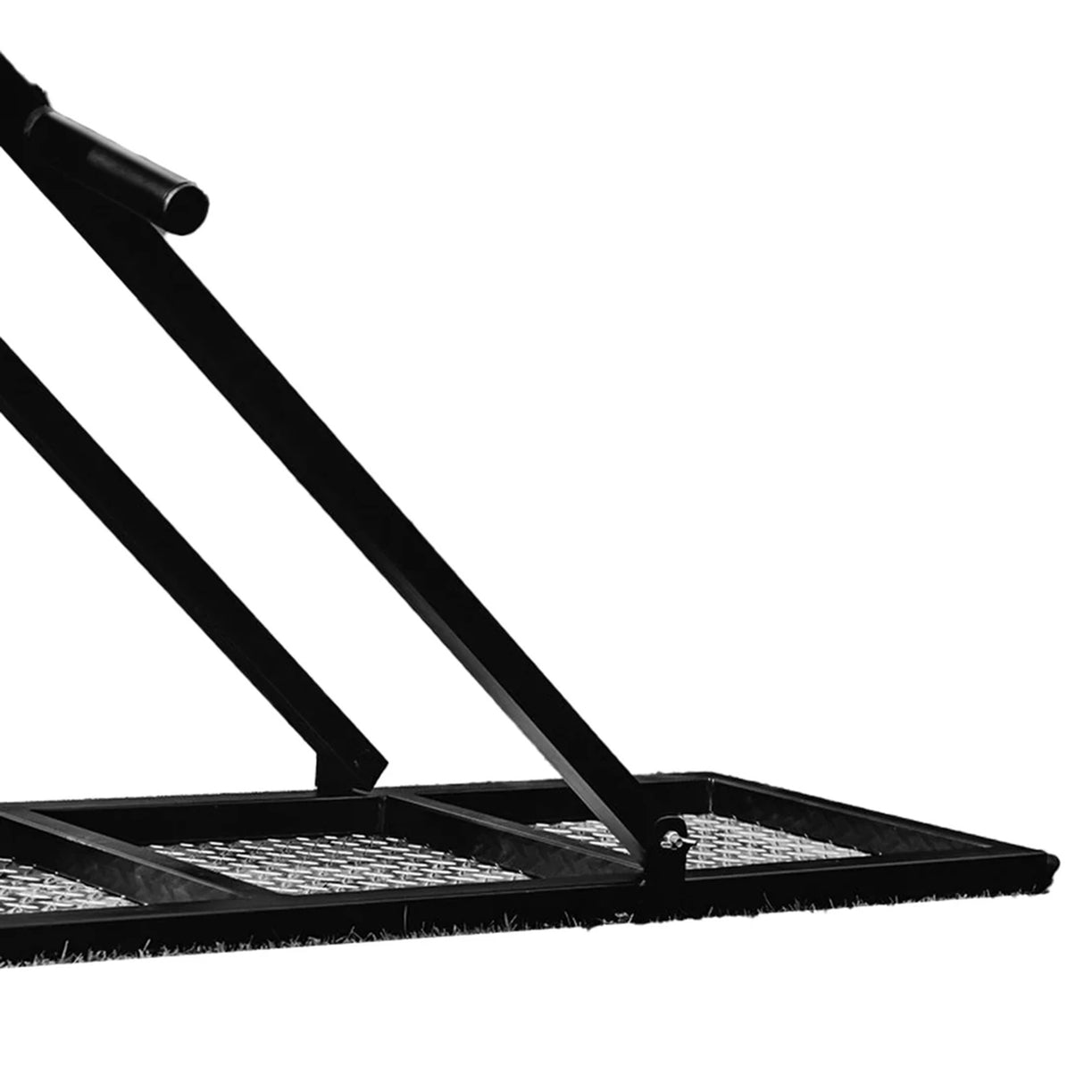 A close-up of the Iron Back Sharpener Scrum Sled by IronBack—a black metal ramp with mesh flooring and angled bar supports—set against a white background, making it an ideal rugby training tool for precise footwork and agility drills.