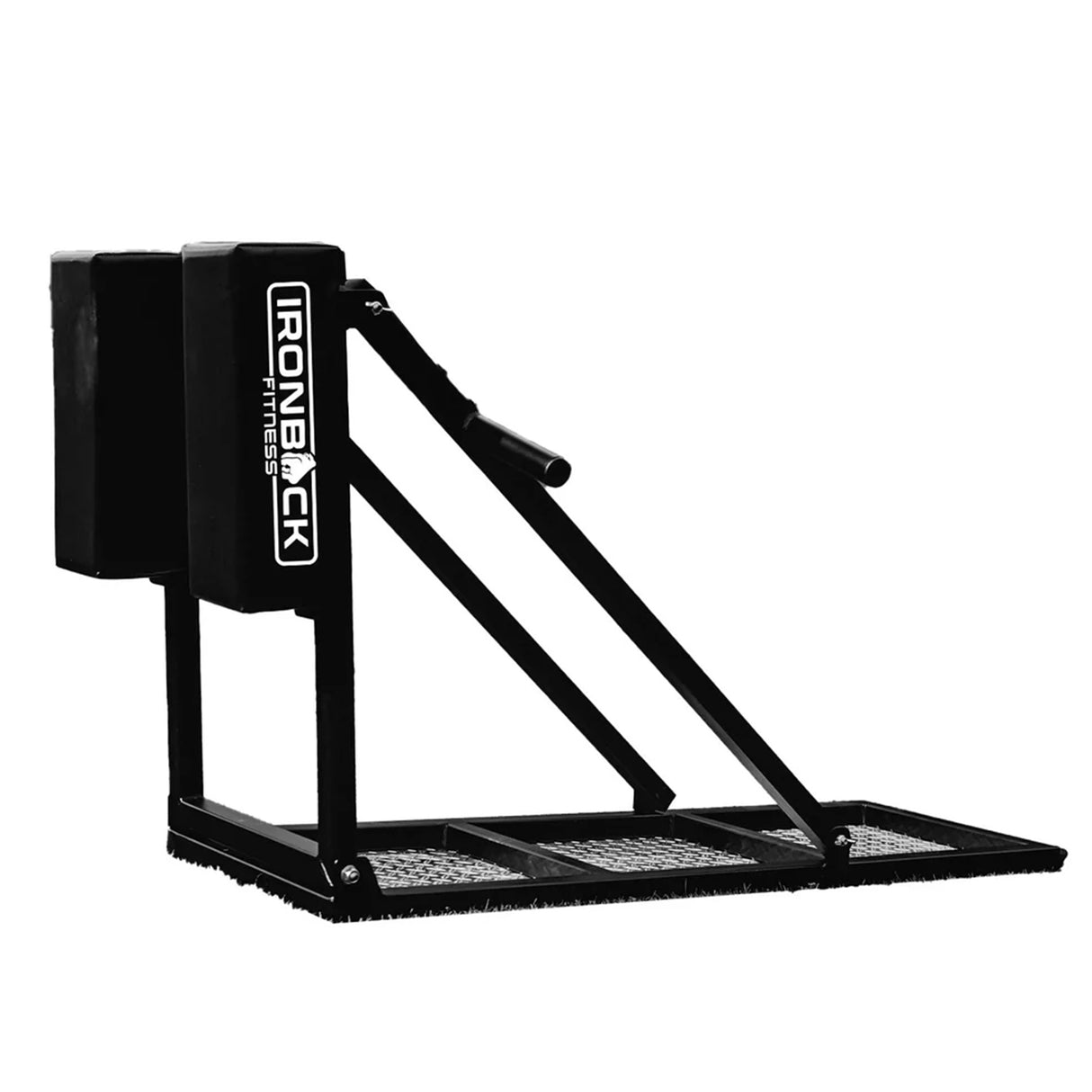 IronBack Iron Back Sharpener Scrum Sled, a black metal blocking sled with handles and “IronBack” branding, is designed for athletic and footwork training. Shown against a white background, this versatile rugby training equipment also functions as an effective agility trainer to enhance athlete performance.