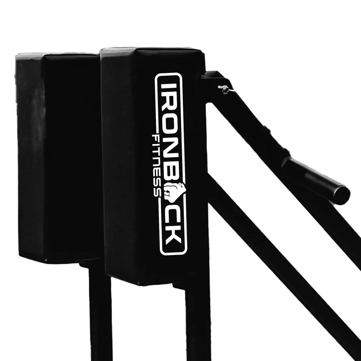 Two black padded exercise bars branded "IronBack" with a gorilla logo on the side, photographed against a white background—the perfect Iron Back Sharpener Scrum Sled for agility training, footwork drills, or rugby practice.