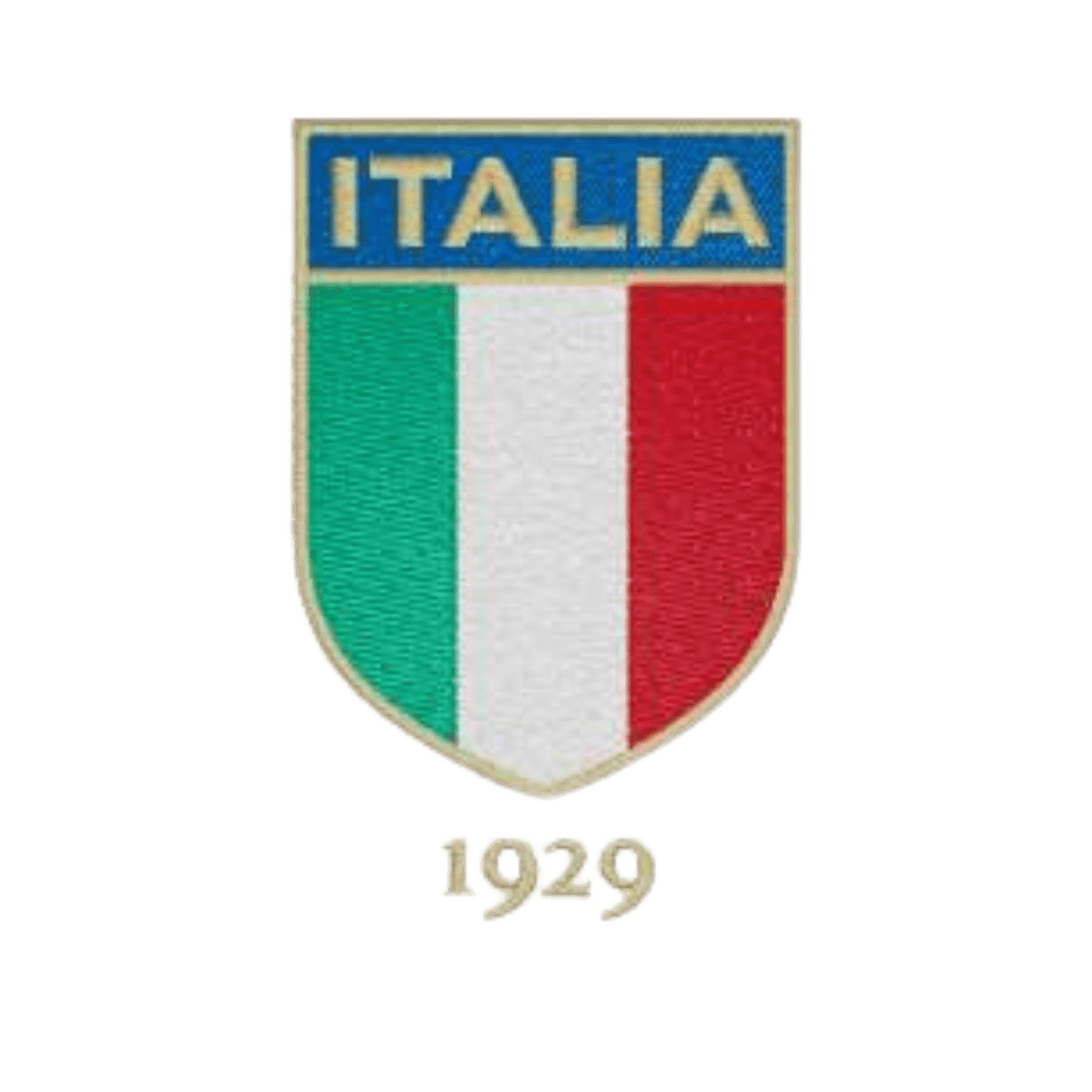 Shield-shaped logo with the Italian flag and the word "Italia" above the year 1929, emblematic of a Nations of Rugby Italy Vintage Hooped Classic Jersey by EMB Mudoo.