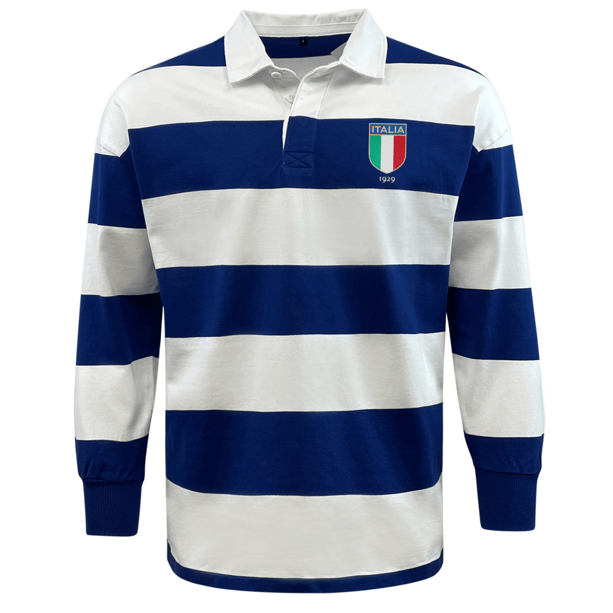 Horizontal blue and white striped Nations of Rugby Italy vintage rugby jersey with an "Italy 1990" emblem by EMB Mudoo.