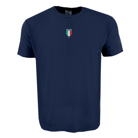 The Italy Vintage Comfort Tee by EMB S&S Activewear features a small Italy shield and "Italia 1982" on navy blue soft USA Cotton, offering timeless comfort and classic rugby style.