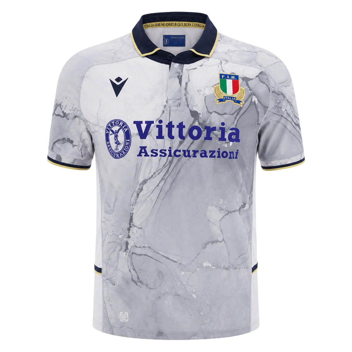 A gray marble-patterned Italy 25/26 Replica Away Jersey by Macron, featuring a black collar and cuffs, blue “Vittoria Assicurazioni” sponsor text, and the Italian rugby crest on the chest—ideal for fans seeking a stylish Italia Rugby Shirt or collectors looking to add an authentic Macron replica jersey to their lineup.