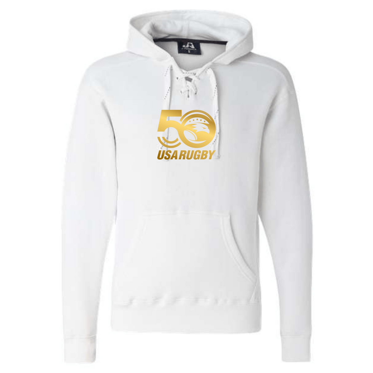Celebrate Eagles rugby with the USA Rugby 50th Anniversary Sport Laced Hockey Hoodie by WRS S&S Activewear, featuring a gold "50 USA Rugby" logo from the exclusive 50th Anniversary Collection.