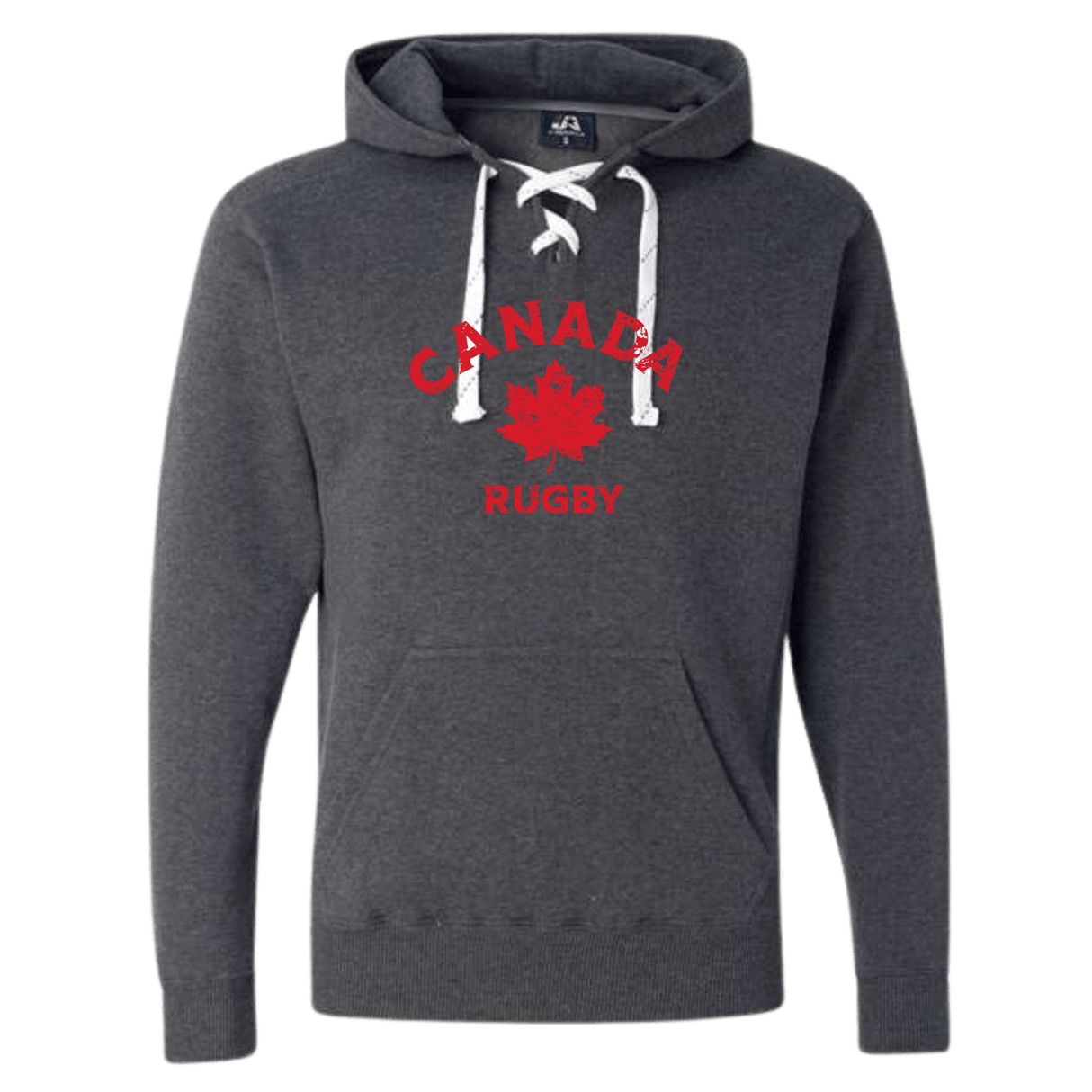 The Nations of Rugby Canada Rugby Hockey Hoodie by WRS S&S Activewear is a dark gray hoodie with a front pocket, white drawstrings, and "Canada Rugby" plus a red maple leaf on the chest.