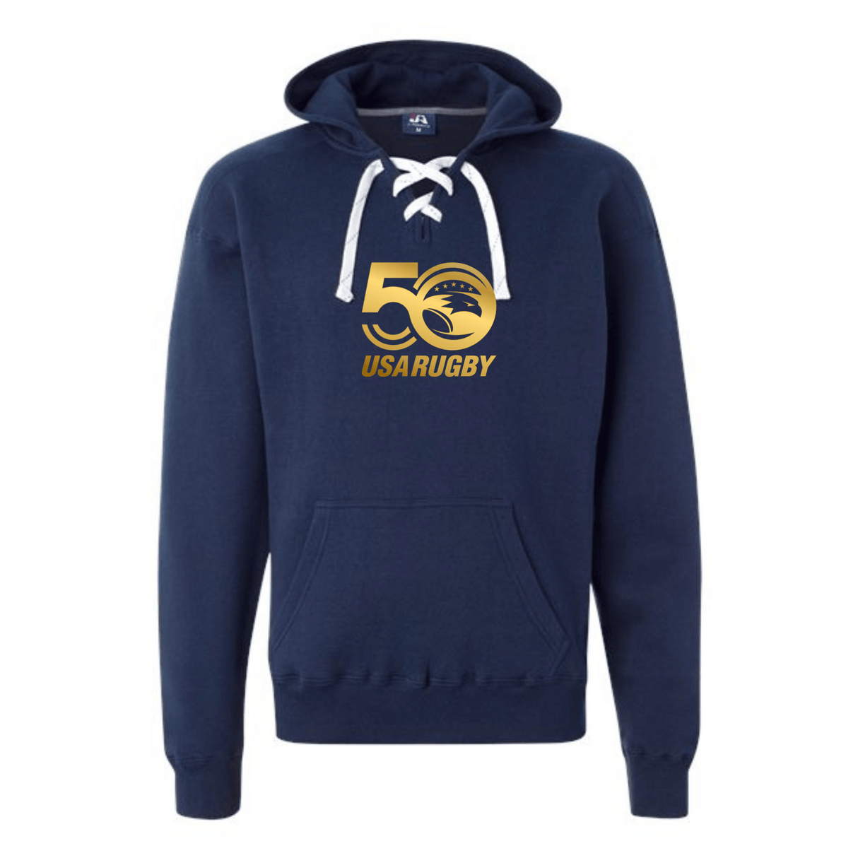 Celebrate 50 years of USA Rugby with the WRS S&S Activewear USA Rugby 50th Anniversary Sport Laced Hockey Hoodie—navy blue, white lace-up neckline, front pocket, and a gold "50 USA Rugby" chest logo.