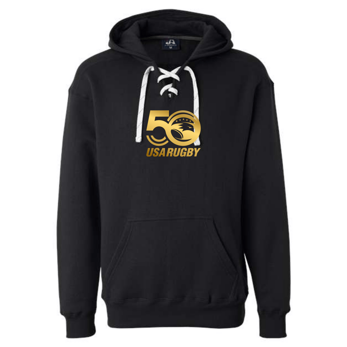 The USA Rugby 50th Anniversary Sport Laced Hockey Hoodie by WRS S&S Activewear features a black design with a lace-up neckline and gold "50 USA Rugby" chest logo, celebrating the 50th Anniversary Collection.