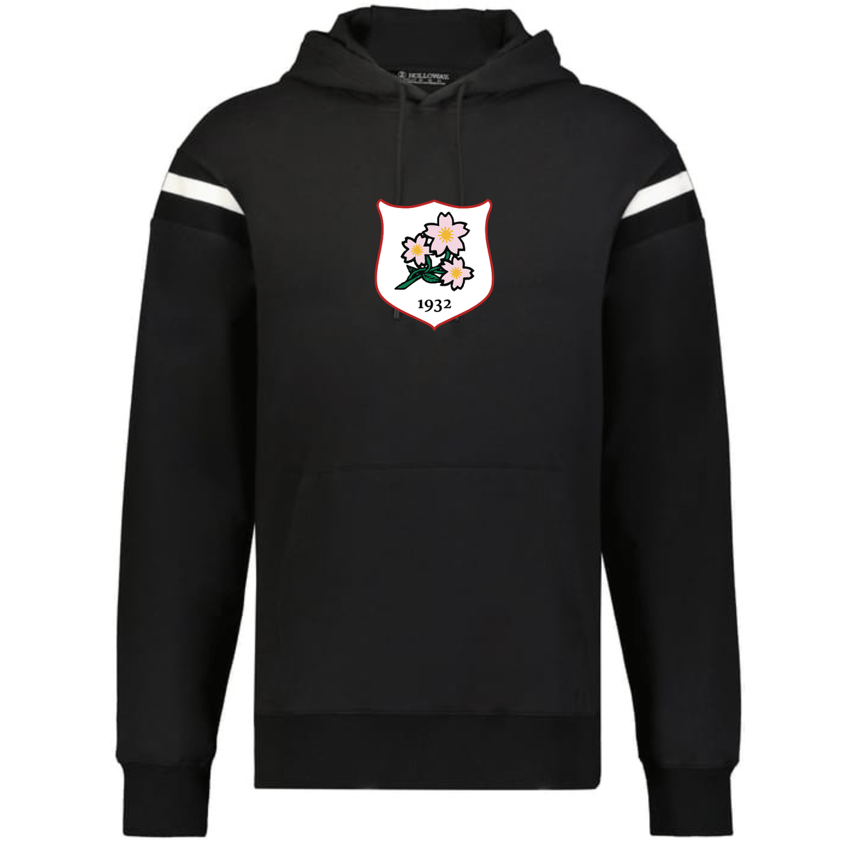The WRS Augusta Japan Heritage Prep Vintage Shield Hoodie features white arm stripes and a floral emblem with "1932" on the chest, combining sporty style and vintage flair.