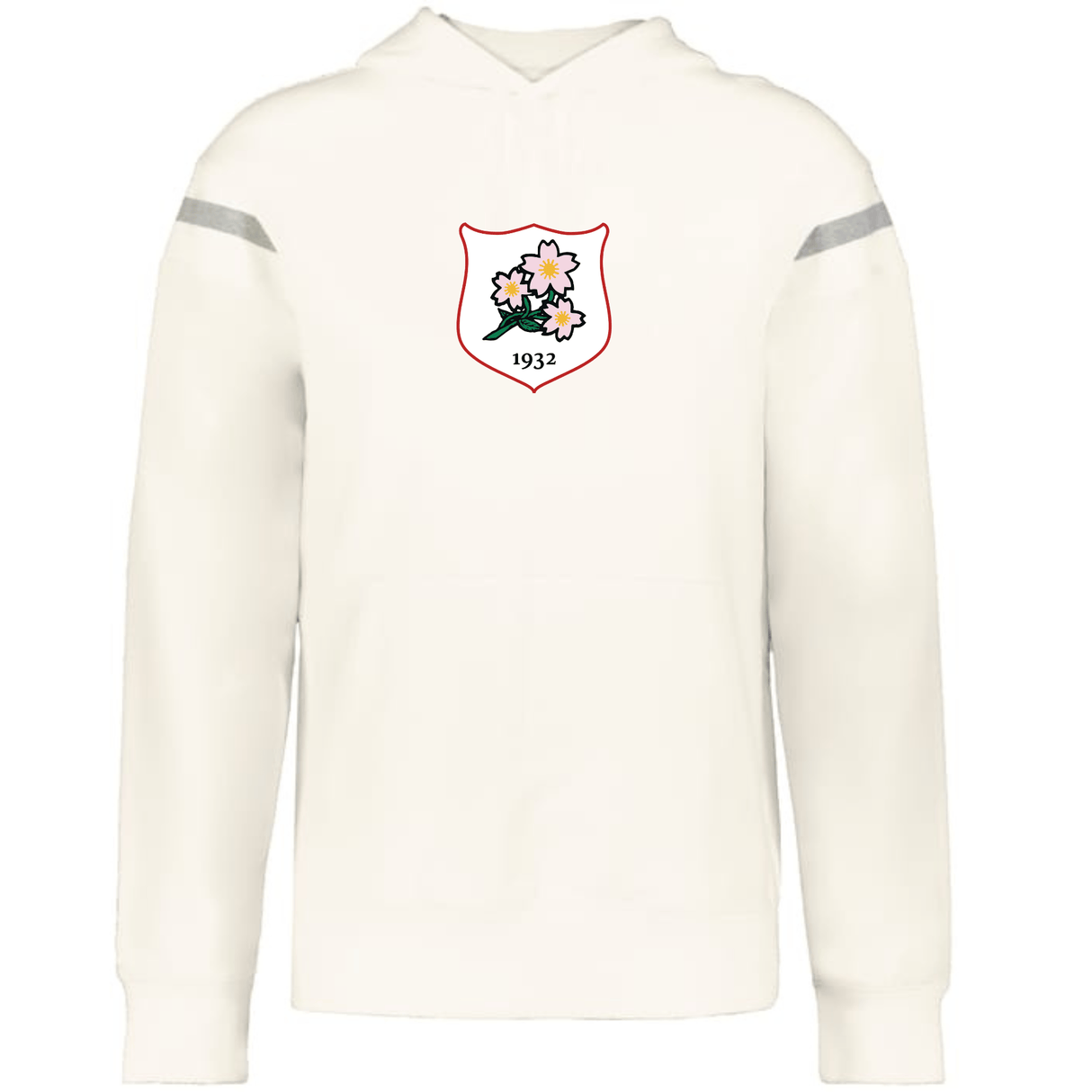 The WRS Augusta Japan Heritage Prep Vintage Shield Hoodie features a white design with a "1932" shield crest of pink flowers and green leaves on the chest, plus two gray stripes on the upper sleeves for classic style.