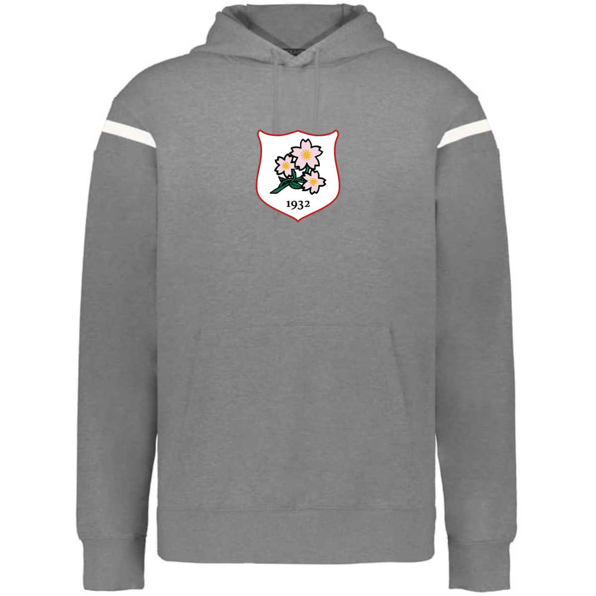 The WRS Augusta Japan Heritage Prep Vintage Shield Hoodie features gray fabric, white sleeve stripes, and a chest emblem with pink flowers, green leaves, and "1932"—a stylish tribute to classic athletic design.