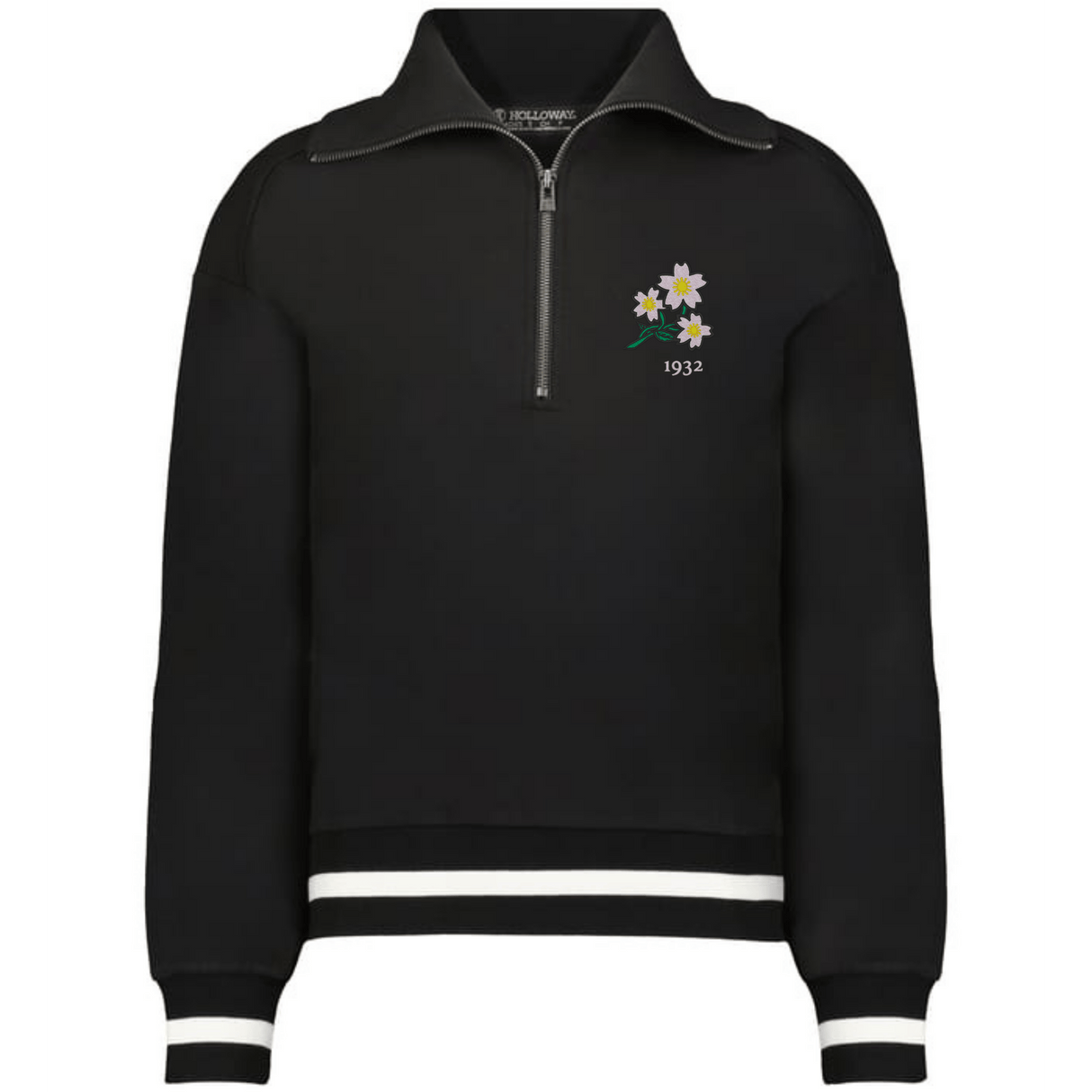 The EMB Augusta Women's Vintage Japan Heritage Prep Pullover features a black quarter-zip design with white and black striped cuffs and hem, plus a floral graphic and "1932" on the chest for heritage-inspired style.
