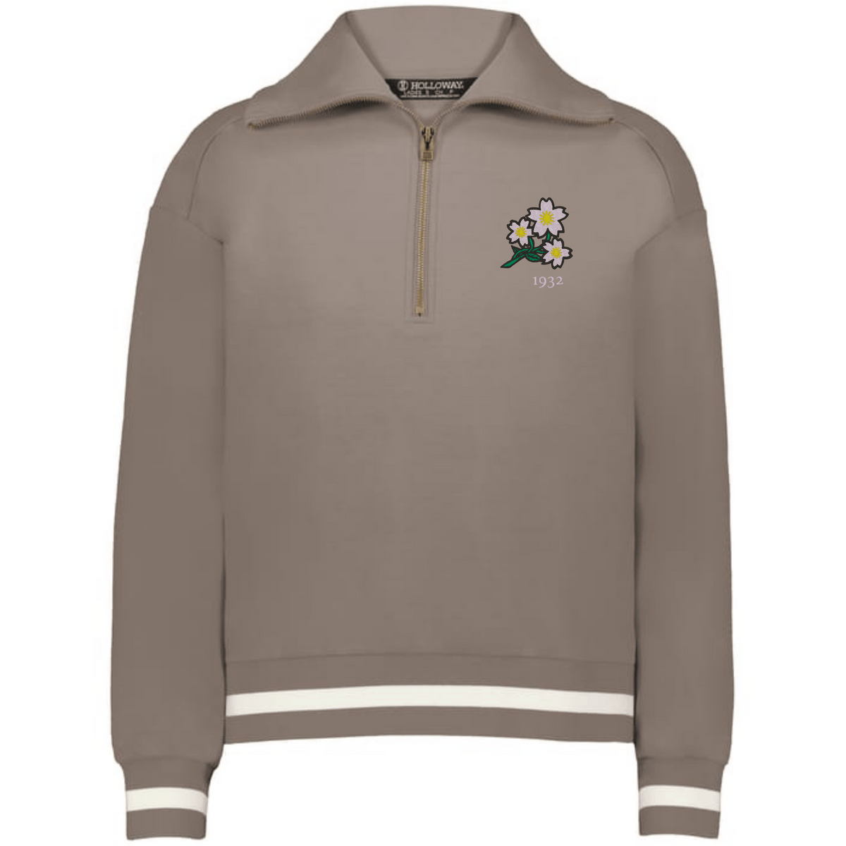The EMB Augusta Women's Vintage Japan Heritage Prep Pullover features a taupe quarter-zip, white-striped cuffs and hem, and embroidered floral and “1932” details—blending preppy Japanese-inspired and women's heritage style.