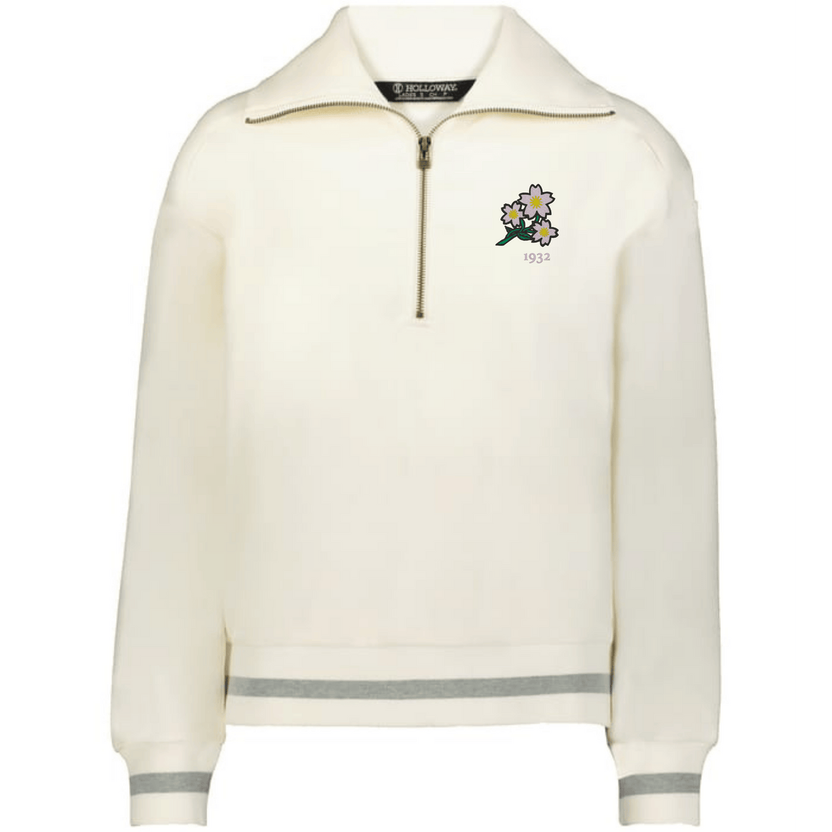 The EMB Augusta Women's Vintage Japan Heritage Prep Pullover is cream-colored with grey-trimmed cuffs and hem, a small floral emblem, and "1932" on the chest for classic heritage style.