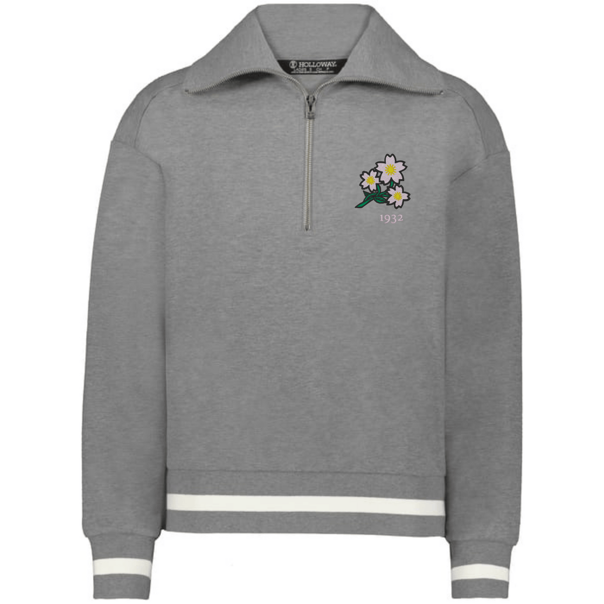 The EMB Augusta Women's Vintage Japan Heritage Prep Pullover is a grey quarter-zip with white-striped cuffs and hem, a floral graphic, and "1932" on the left chest—honoring women's heritage with subtle Japan prep style.