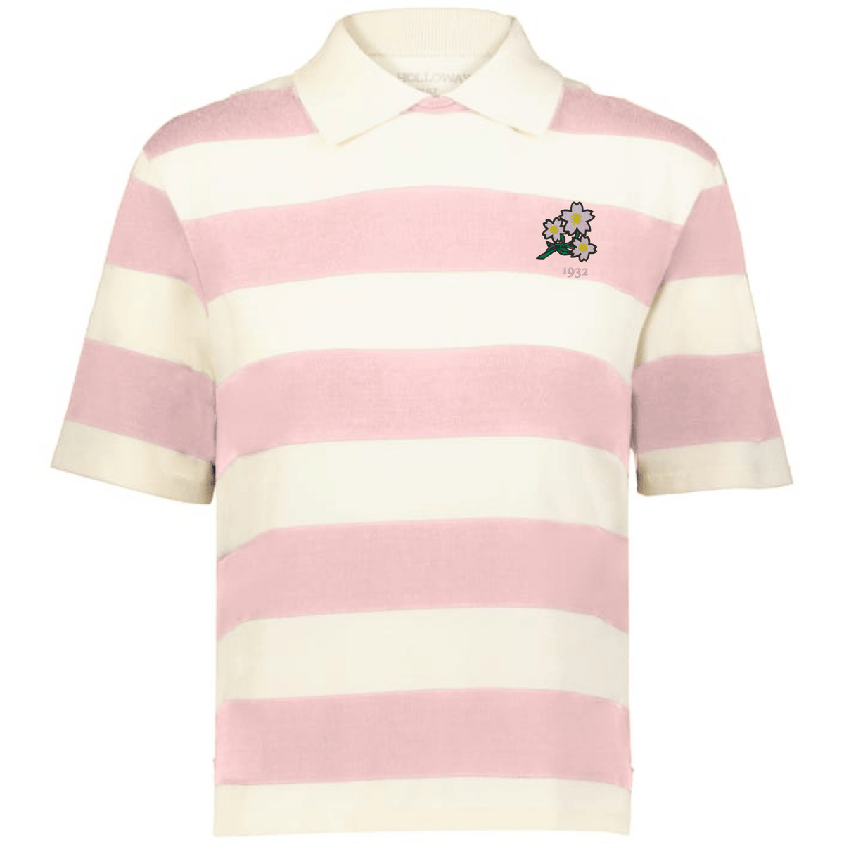 The EMB Augusta Women's Vintage Japan Prep Street Rugby Crop features wide pink and white stripes, a small flower graphic, and "1993" on the left chest—a playful nod to women's prep street style.