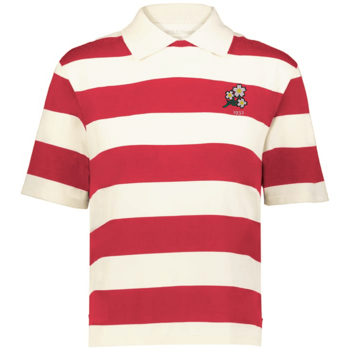The EMB Augusta Women's Vintage Japan Prep Street Rugby Crop features bold red and white stripes, a classic collar, and an embroidered floral "1932" badge—ideal for women’s prep street fashion.