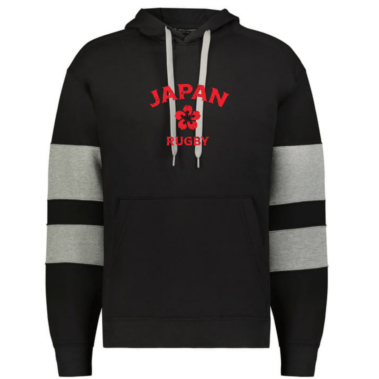 Stay warm in the WRS Augusta Nations of Rugby Japan Jackson Way Hoodie, featuring grey-striped sleeves, a front pocket, and bold red "JAPAN RUGBY" text with a red emblem—ideal for any rugby fan.
