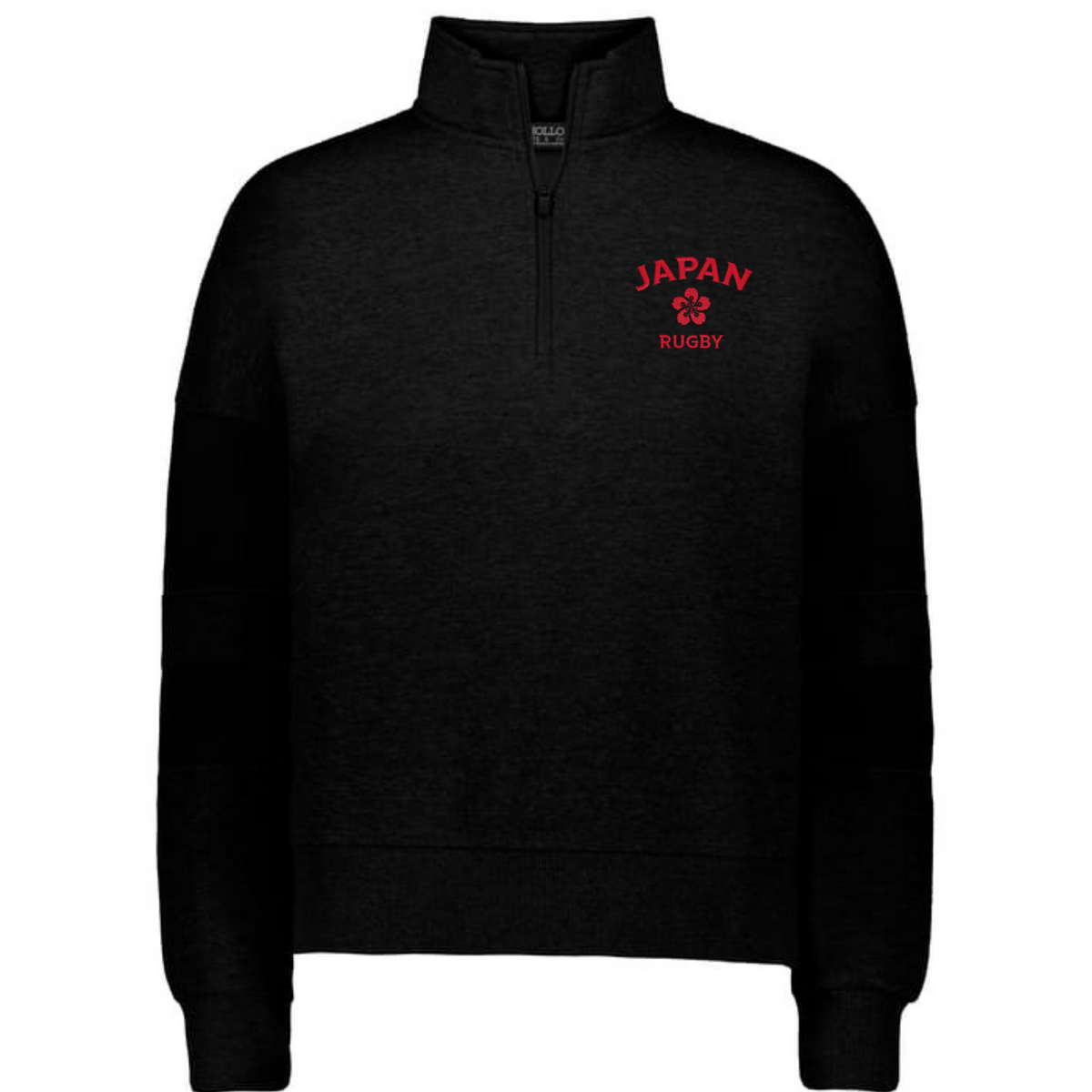 Women's Nations of Rugby Japan Jackson Way Pullover by EMB Augusta: Black quarter-zip sweatshirt with "JAPAN RUGBY" and a cherry blossom logo in red on the left chest.