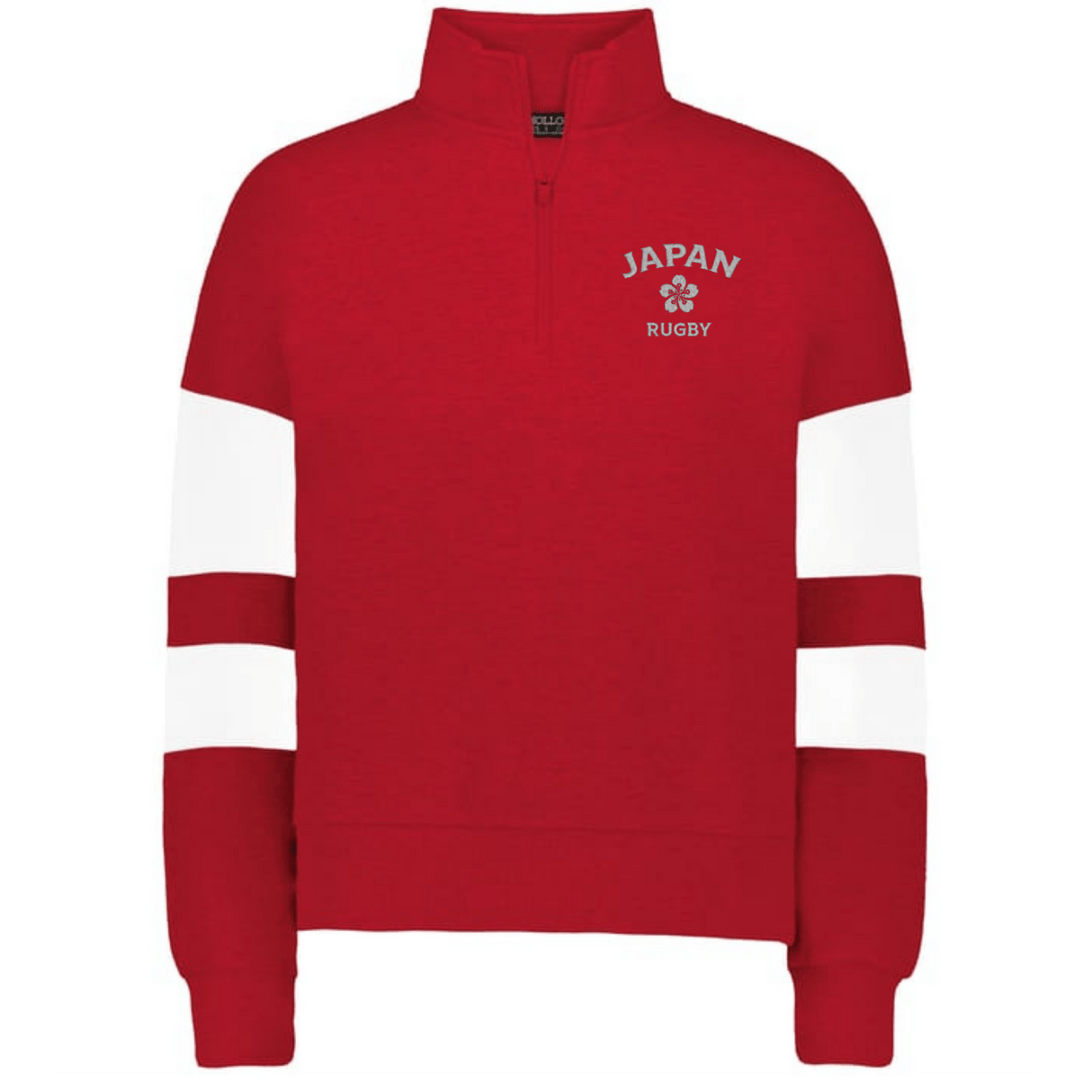The EMB Augusta Women's Nations of Rugby Japan Jackson Way Pullover features red fabric, white sleeve stripes, "Japan Rugby" text, and a chest emblem—perfect for sporty style and showing support for Japan.