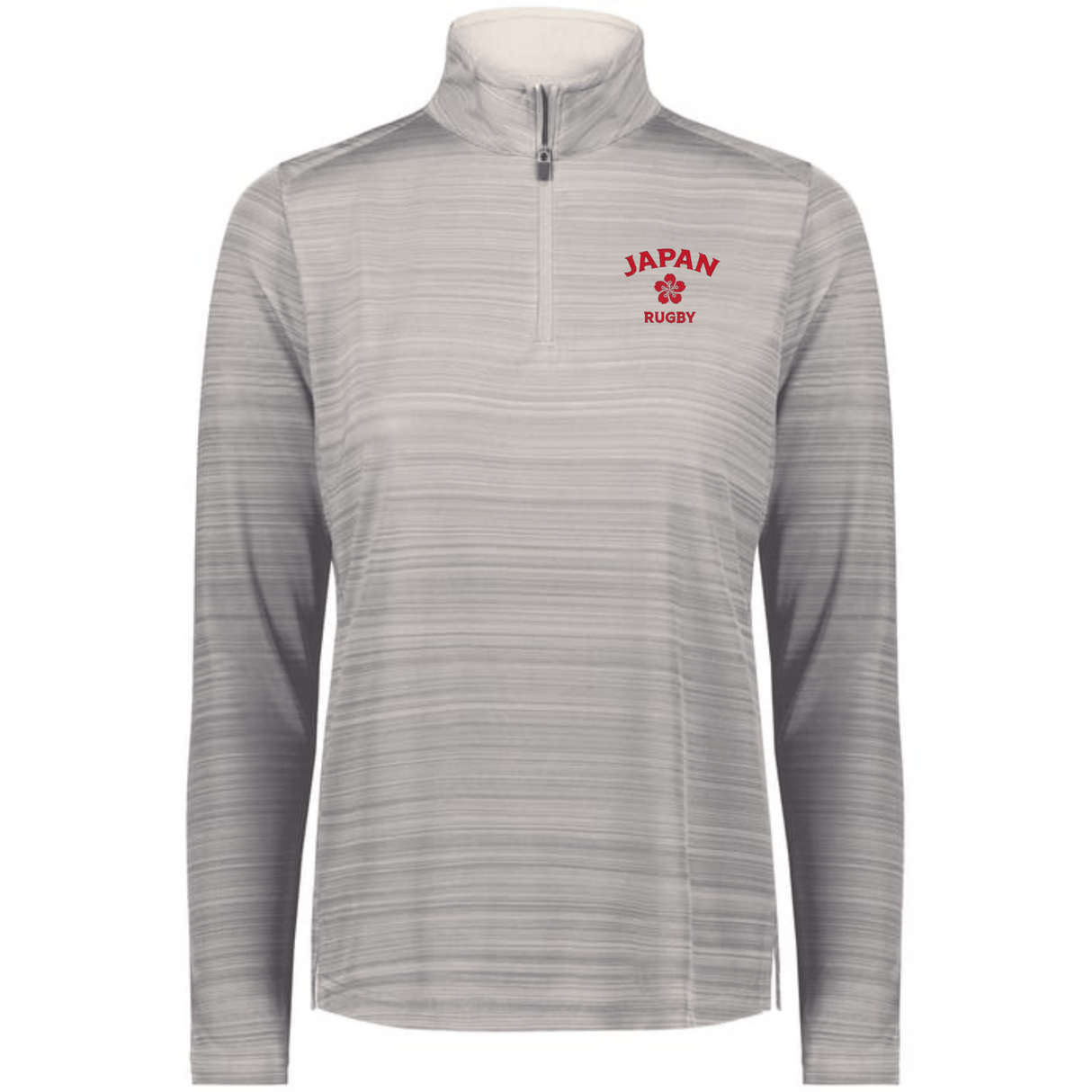 The EMB Augusta Women's Nations of Rugby Japan Pursuit 1/4 Zip Pullover is a light gray long-sleeve featuring "JAPAN RUGBY" and a red cherry blossom emblem—ideal Japan rugby apparel for fans.