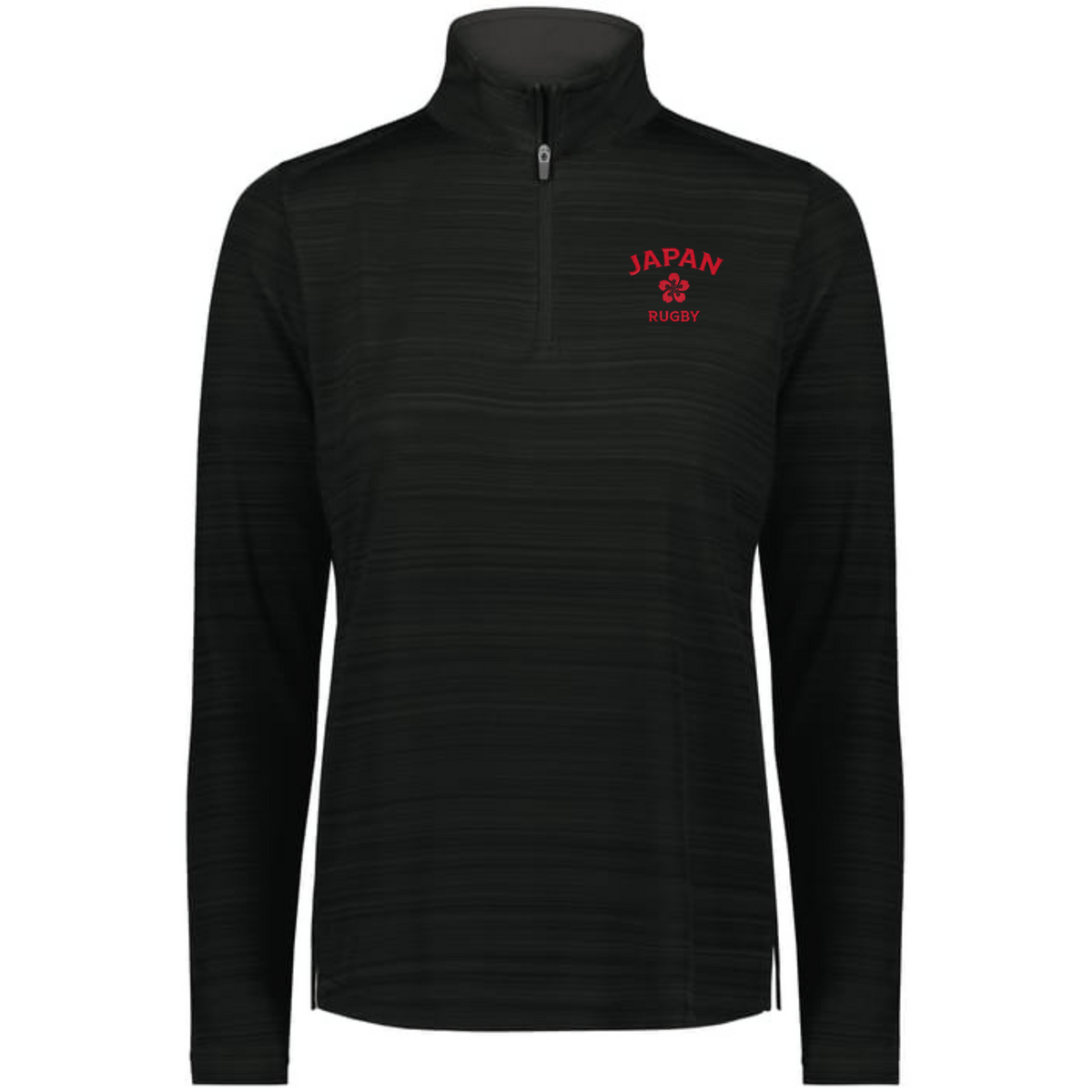 The EMB Augusta Women's Nations of Rugby Japan Pursuit 1/4 Zip Pullover features "JAPAN RUGBY" and a red cherry blossom logo on the left chest—a stylish pick for Japan rugby fans.
