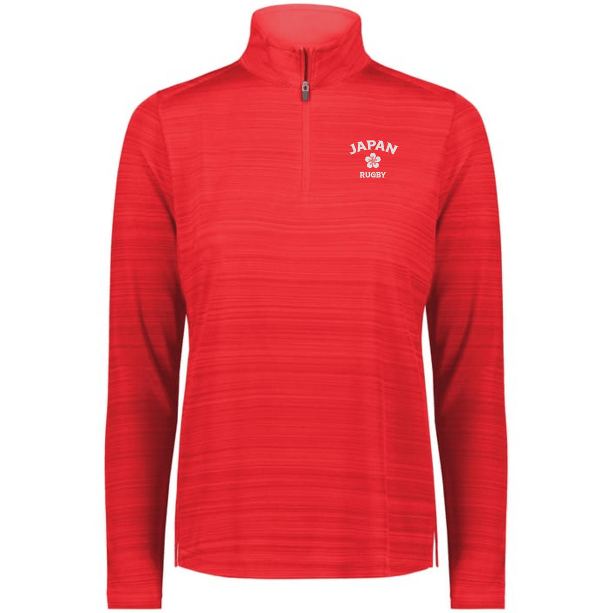 The EMB Augusta Women's Nations of Rugby Japan Pursuit 1/4 Zip Pullover features "JAPAN RUGBY" and a cherry blossom logo on the left chest—perfect for fans seeking stylish Japan rugby apparel.