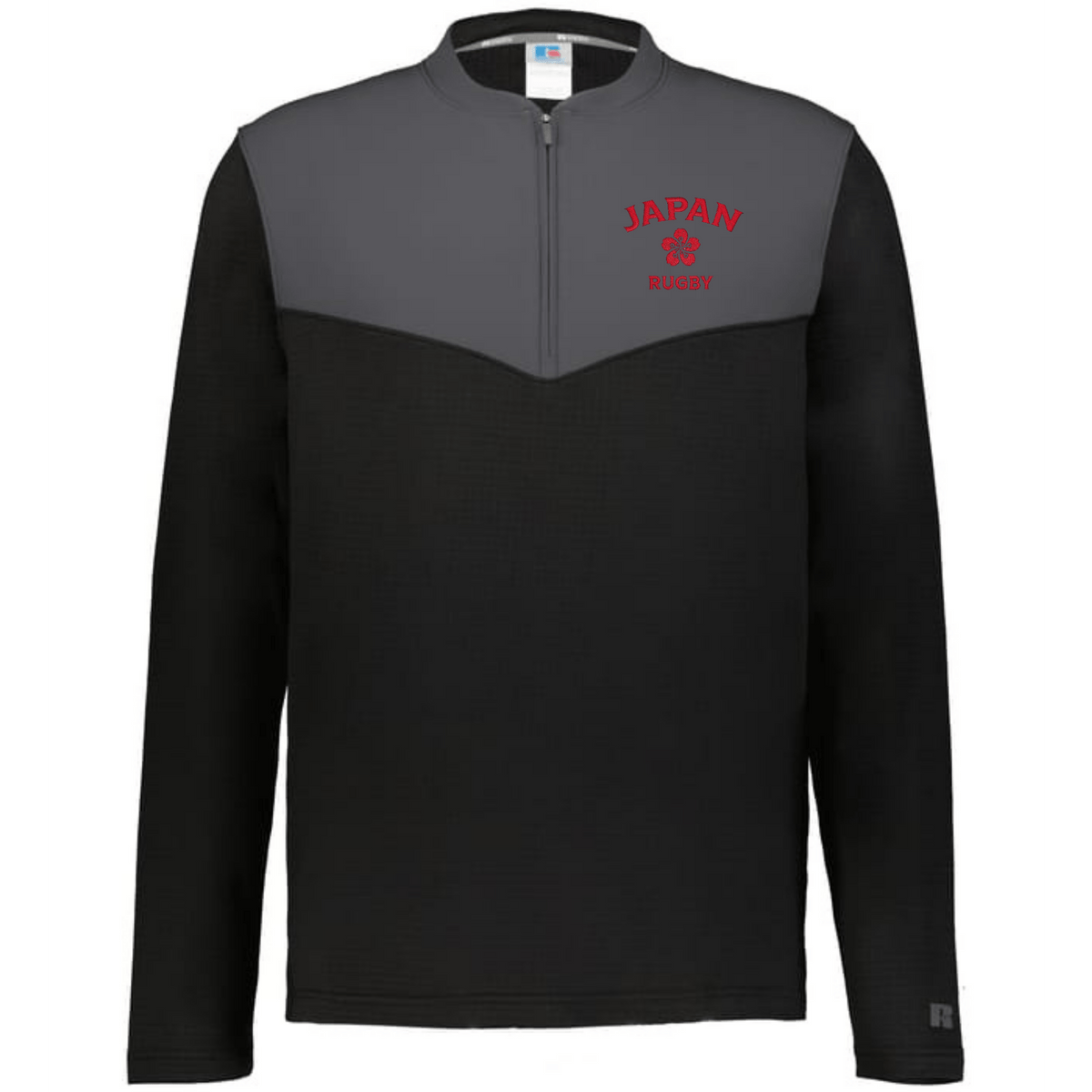The EMB Augusta Nations of Rugby Japan Sideline Grid 1/4 Zip Pullover is a black and gray long-sleeve with "JAPAN RUGBY" and a red cherry blossom logo on the left chest.
