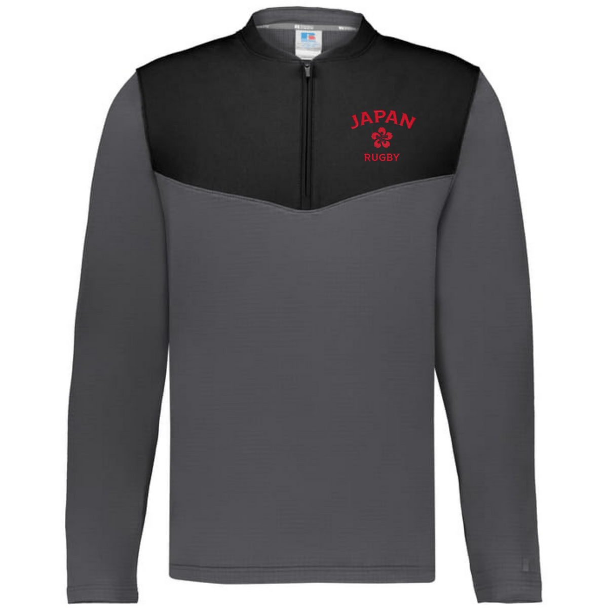 The EMB Augusta Nations of Rugby Japan Sideline Grid 1/4 Zip Pullover is a gray and black long-sleeve top featuring a red "JAPAN RUGBY" logo and cherry blossom emblem on the left chest.