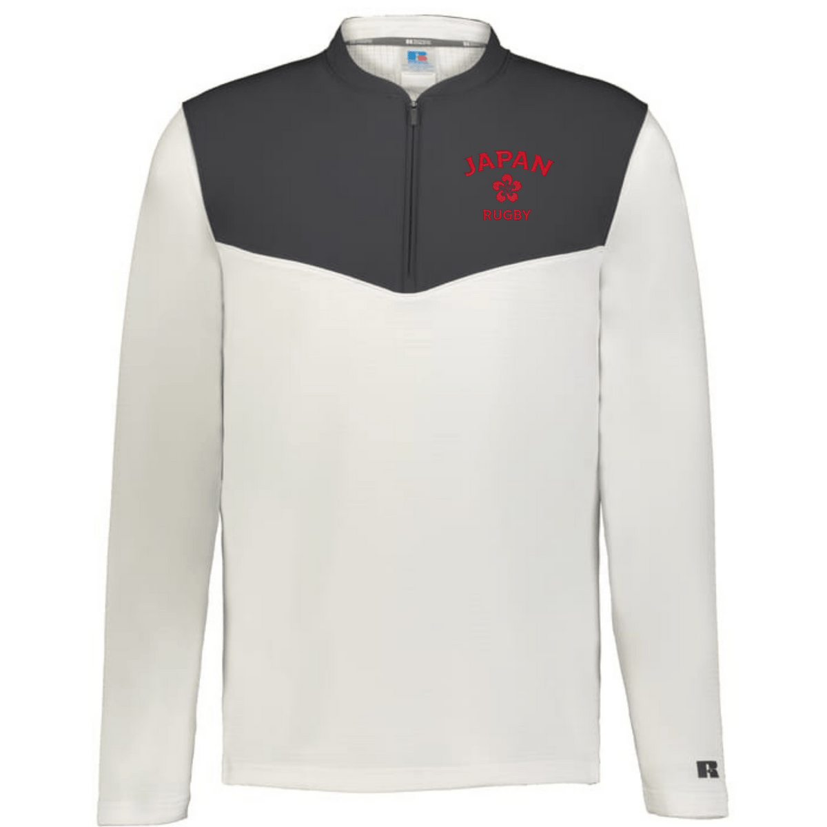The EMB Augusta Nations of Rugby Japan Sideline Grid 1/4 Zip Pullover features white and dark gray colors, a quarter zip collar, "JAPAN RUGBY" text, and a red cherry blossom emblem on the left chest.