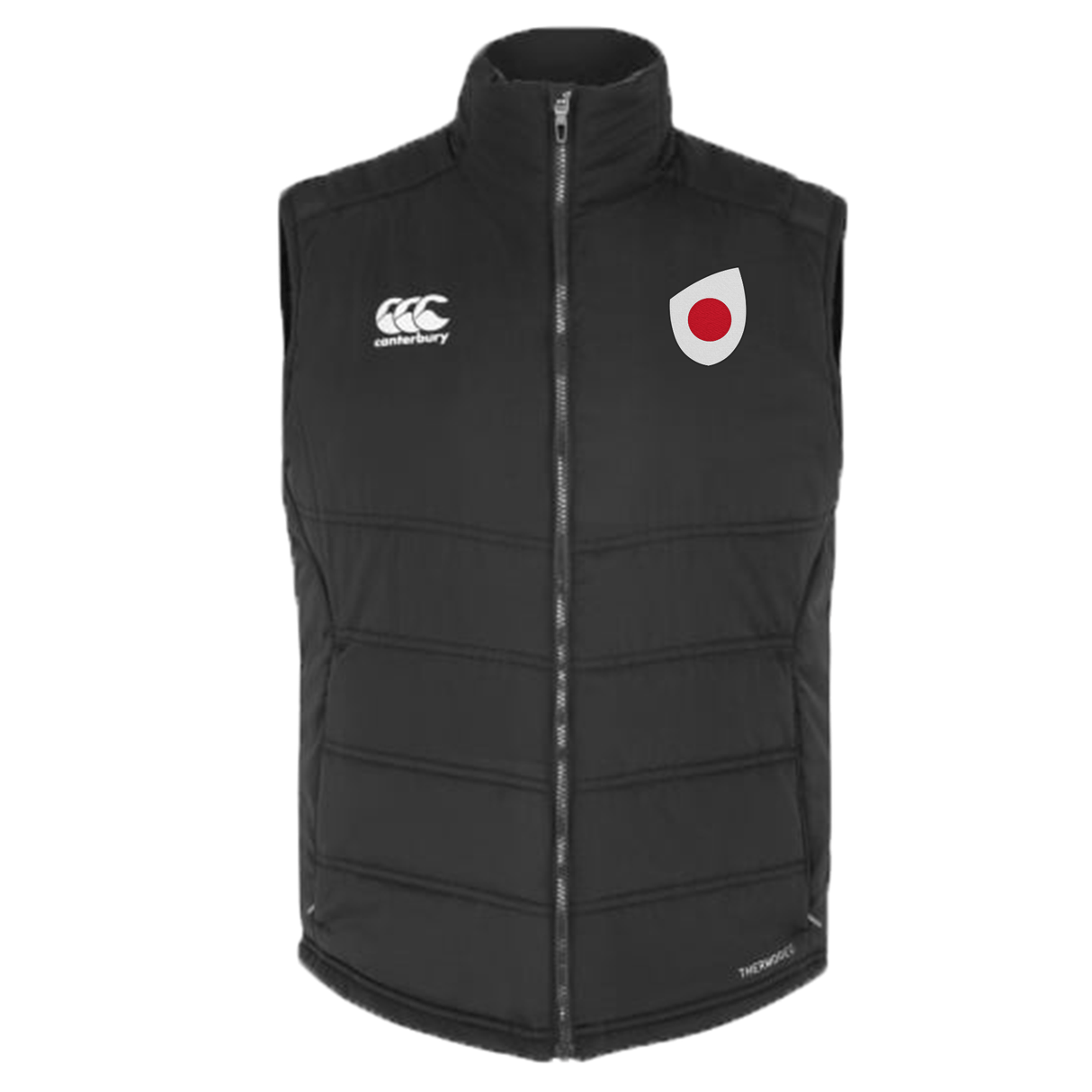 The Japan Shield Core Gilet by EMB Canterbury is black with a high collar, featuring the Canterbury logo on one side and a bold Japan Shield—a red circle with a white border—on the other.