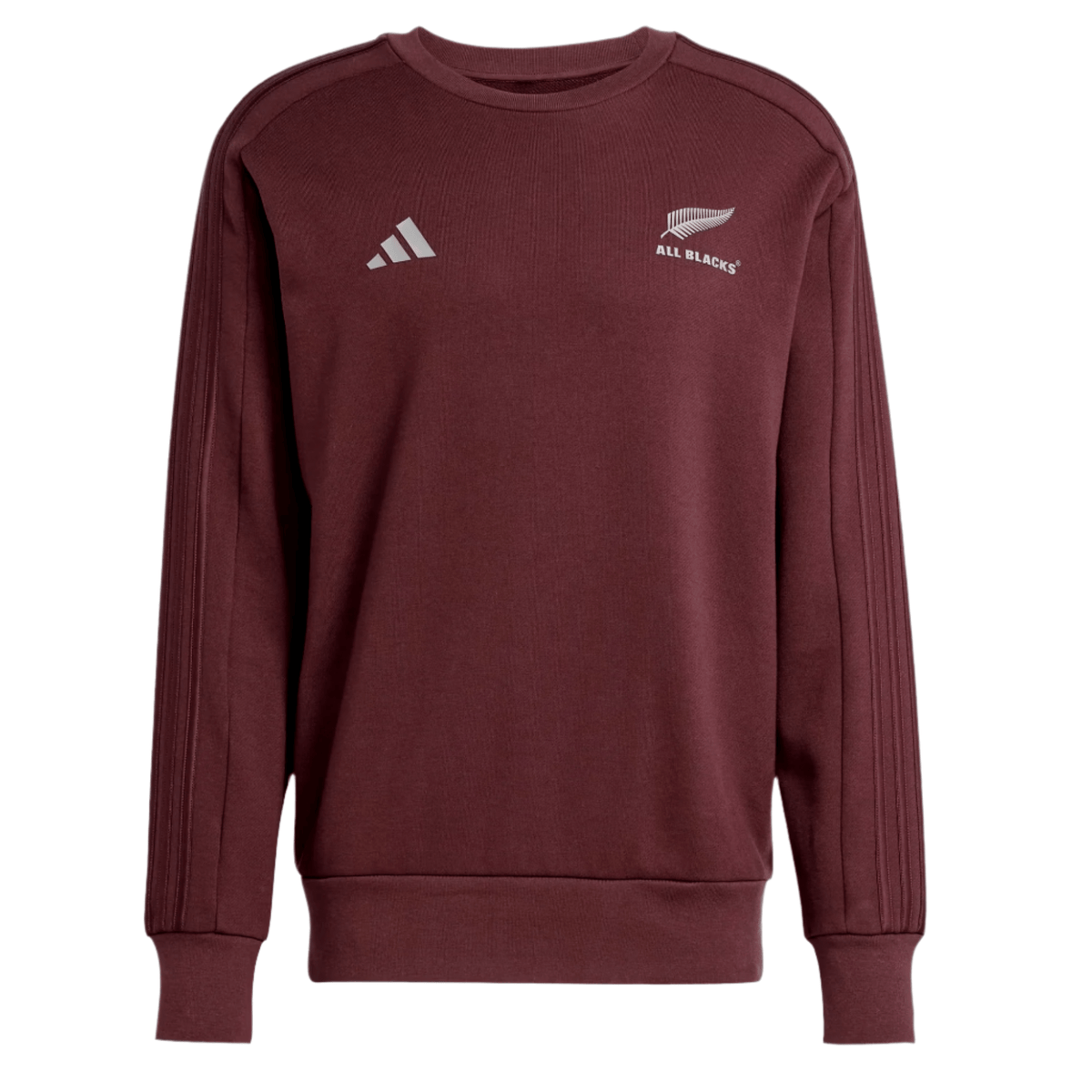 The All Blacks 24/25 Fan Crewneck Sweatshirt by adidas is maroon with a white fern leaf logo on the right chest and the adidas logo with signature 3-Stripes on the left, capturing the All Blacks' spirit.