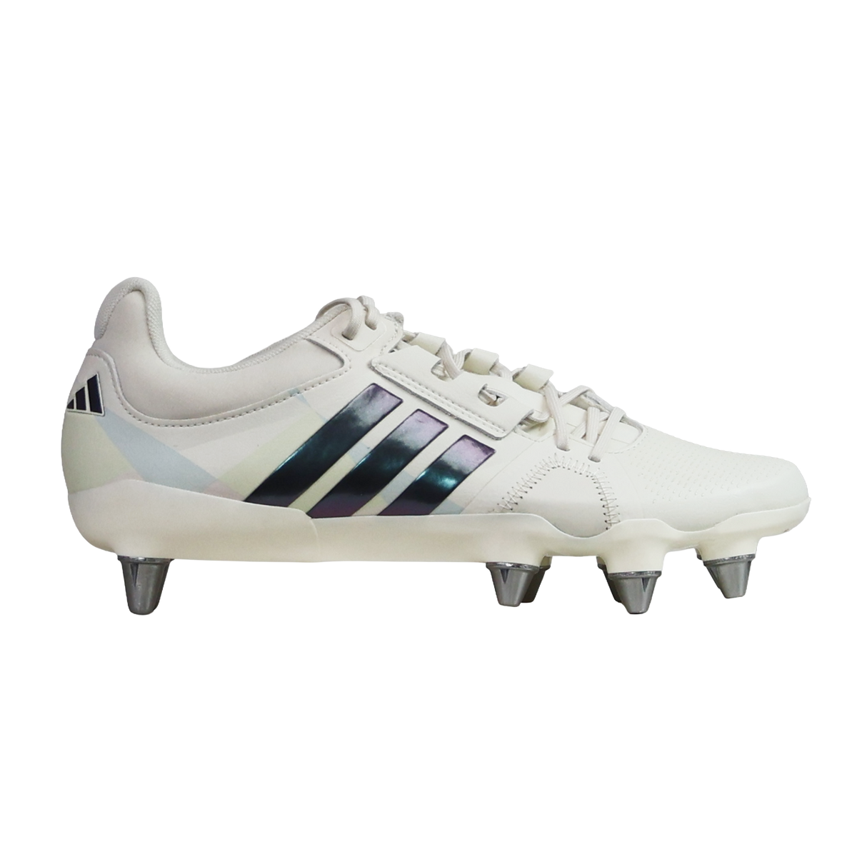 Showcased in off-white with grey five accents and signature adidas stripes, the Women's adidas Kakari Avaglide SG rugby boots feature six metal studs on the sole and are photographed from the side against a plain background. Engineered for forwards, these soft ground boots offer outstanding grip and stability throughout every scrum.