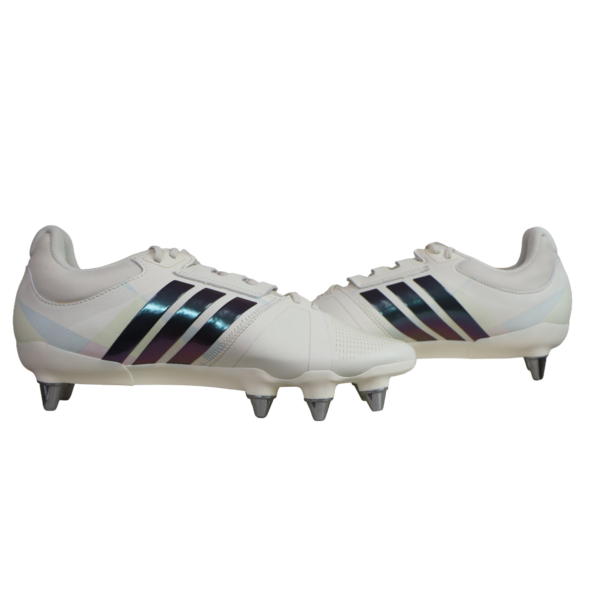 A pair of Women's adidas Kakari Avaglide SG rugby boots in Off White, Grey Five, and Off White, featuring black stripes and metal studs, designed specifically for forwards and displayed against a plain white background.