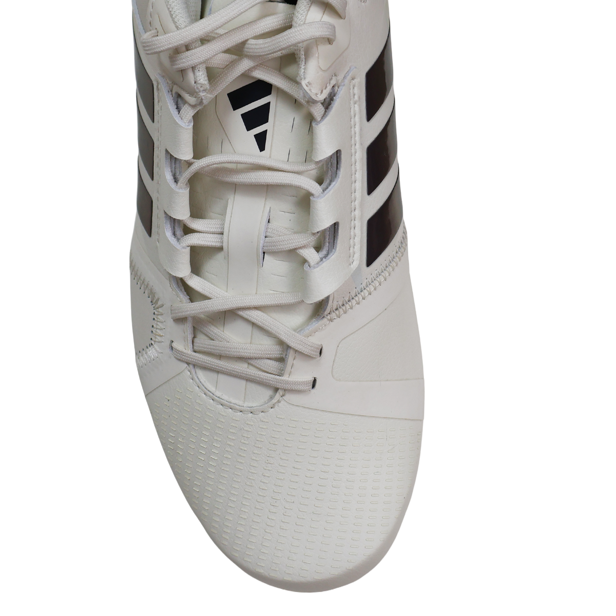 Top view of the Women's adidas Kakari Avaglide SG rugby boot in Off White/Grey Five/Off White, featuring black stripes and a patterned toe area, with laces and a partially visible tongue—designed by adidas for superior grip and support on soft ground, making it an ideal choice for forwards.