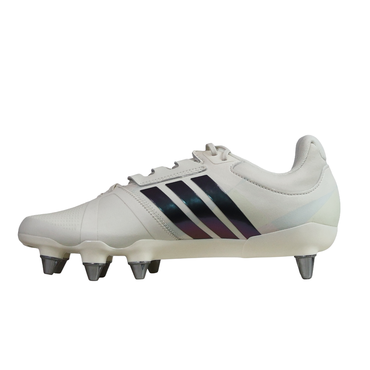 Introducing the women's adidas Kakari Avaglide SG rugby boots in Off White/Grey Five/Off White, featuring distinctive black adidas stripes and robust metal studs. Shown in profile against a clean white background, these soft ground boots are designed for forwards seeking enhanced power and stability.