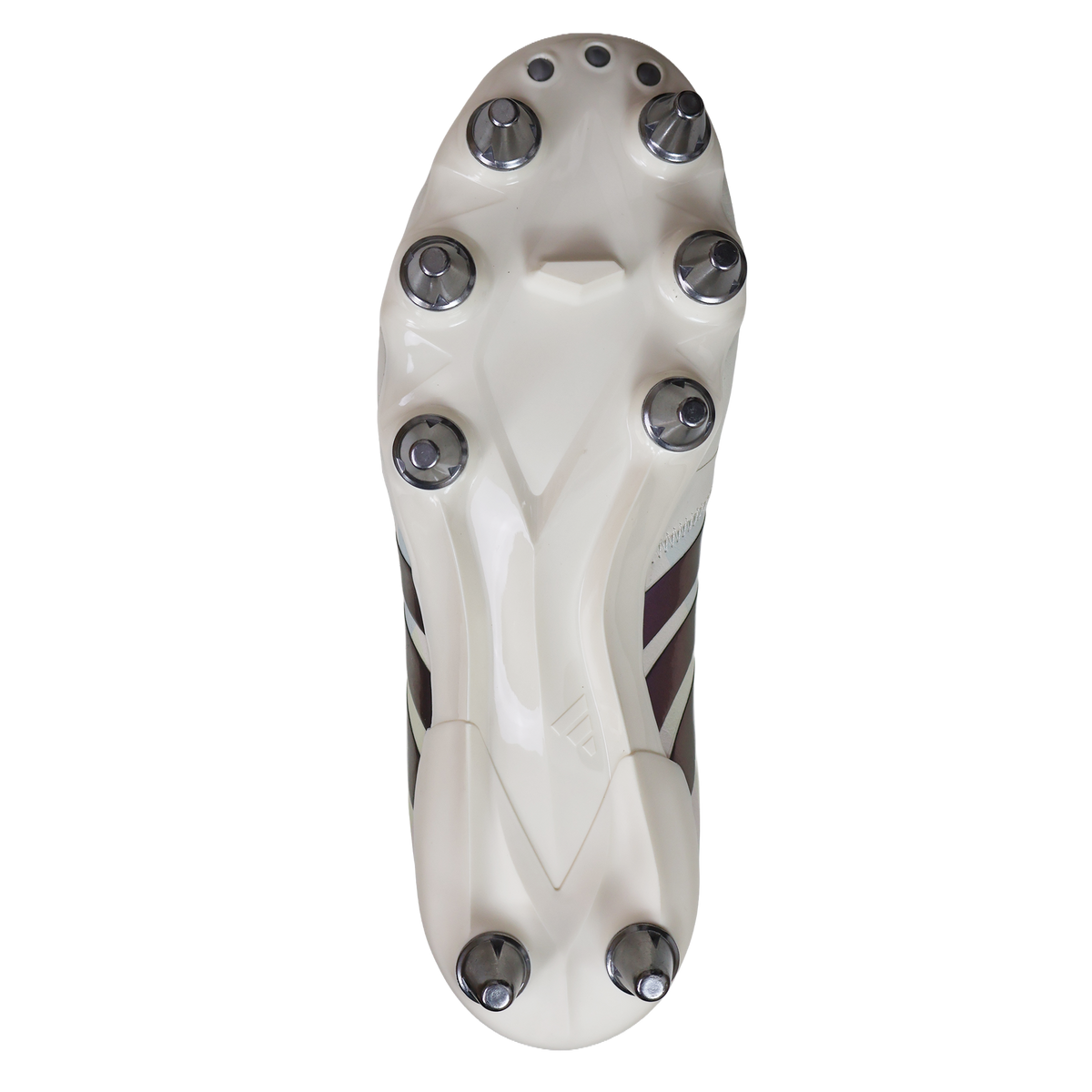 Bottom view of the Women's adidas Kakari Avaglide SG in Off White/Grey Five/Off White, featuring six metal screw-in studs and a patterned side design—perfect for players searching for soft ground rugby boots or rugby boots for forwards.