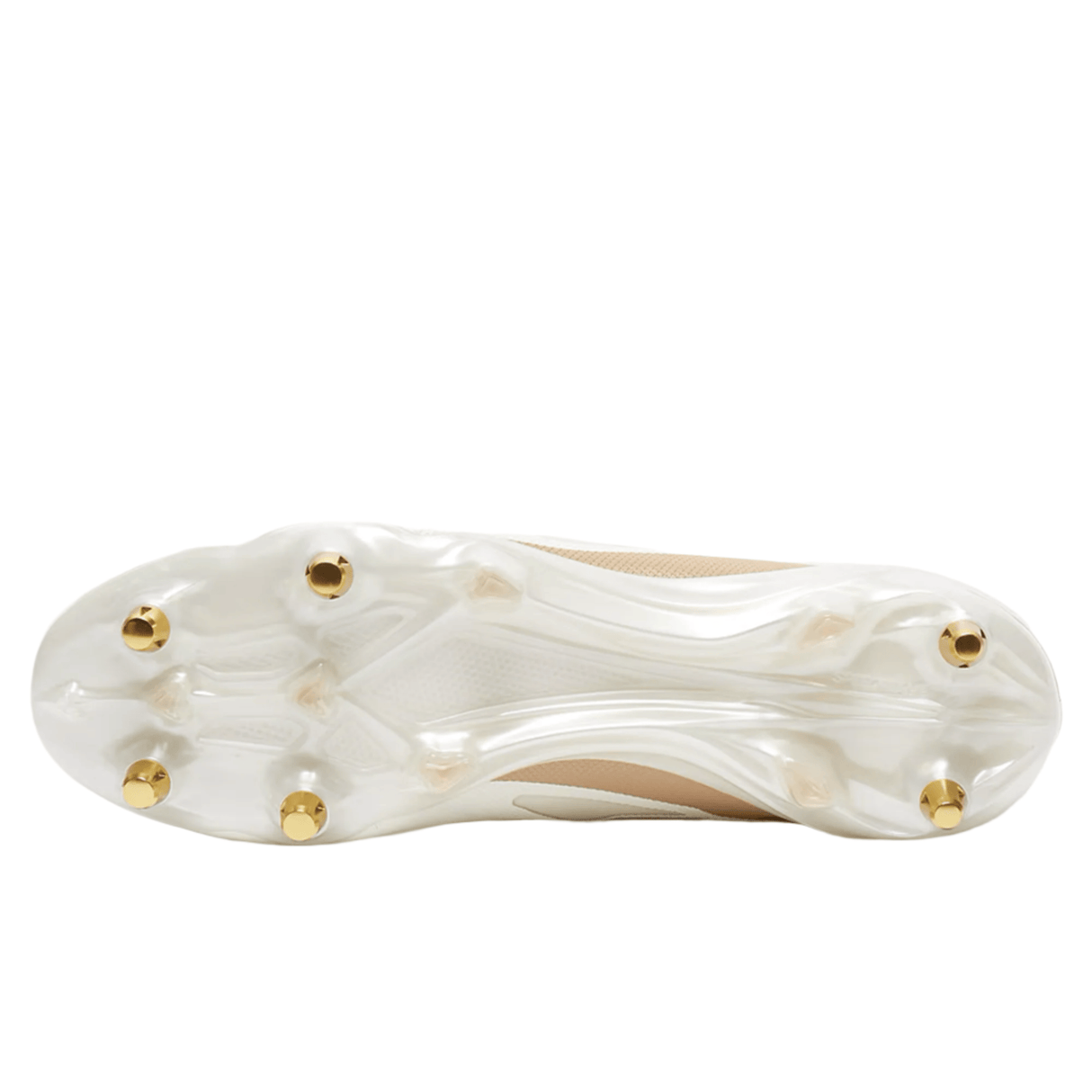 The adidas Adizero RS15 Pro SG cleat, in Off White/Wonder Alumina/Warm Sandstone, boasts a Speedframe outsole with eight gold studs and a transparent sole for excellent field traction.