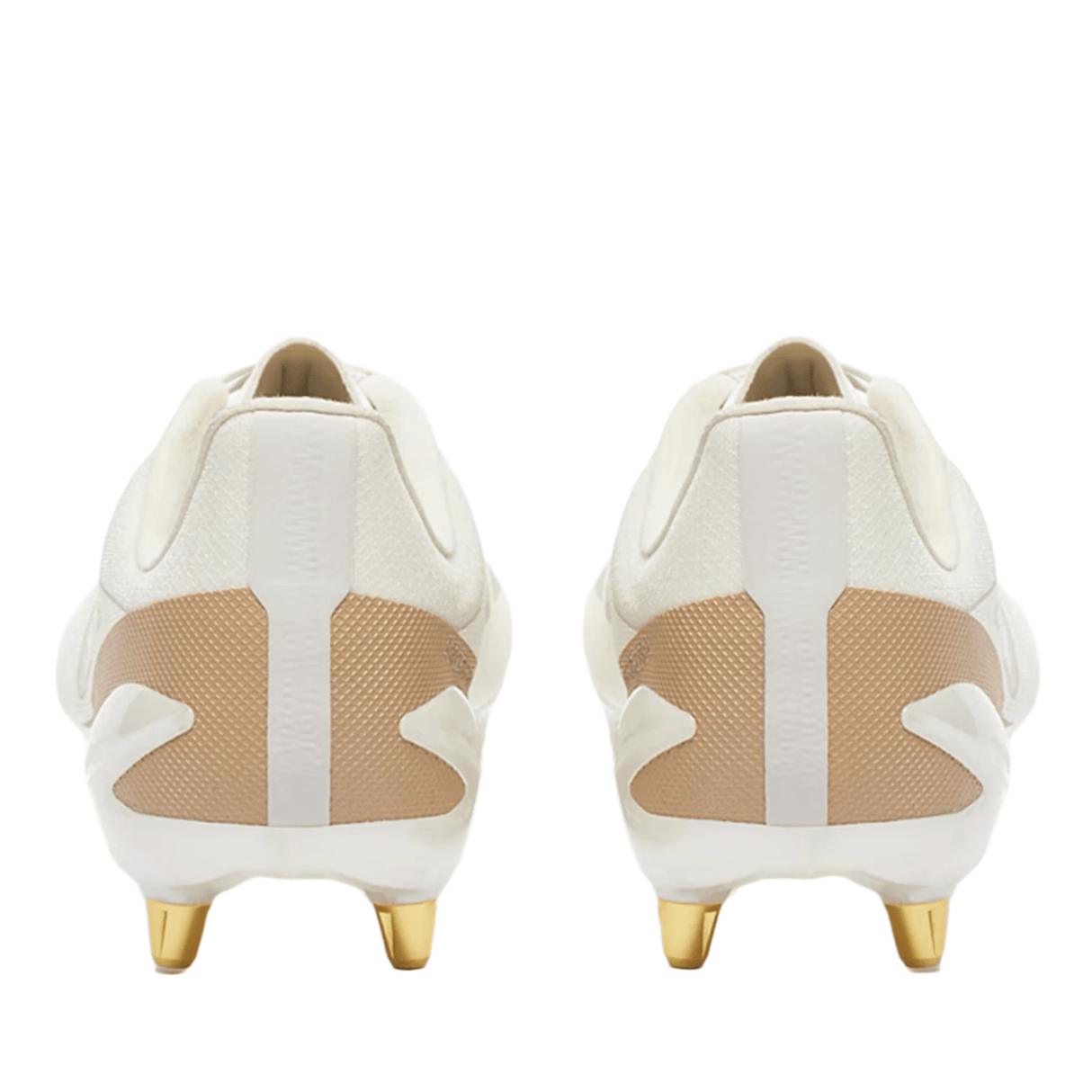 Rear view of the adidas Adizero RS15 Pro SG soccer cleats in Off White/Wonder Alumina/Warm Sandstone, featuring gold studs and a Speedframe outsole for agile moves.