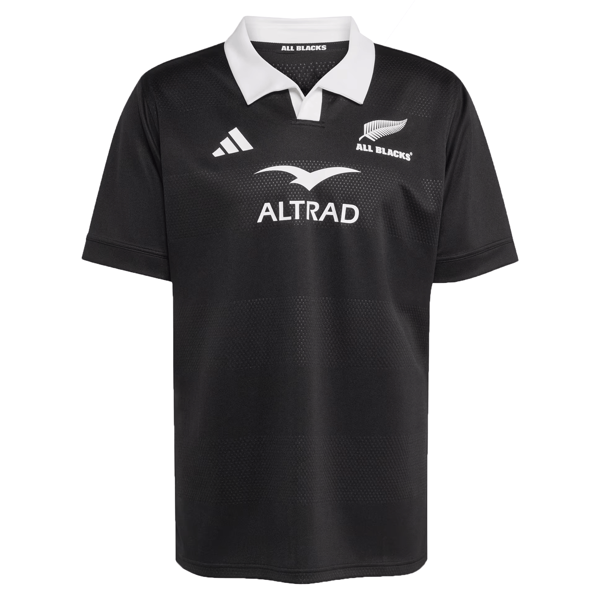 The All Blacks 25/26 Replica Home Jersey by adidas is a black short-sleeve jersey made from recycled polyester, featuring a white collar, adidas logo, silver fern All Blacks logo, and "ALTRAD" sponsor text on the chest.