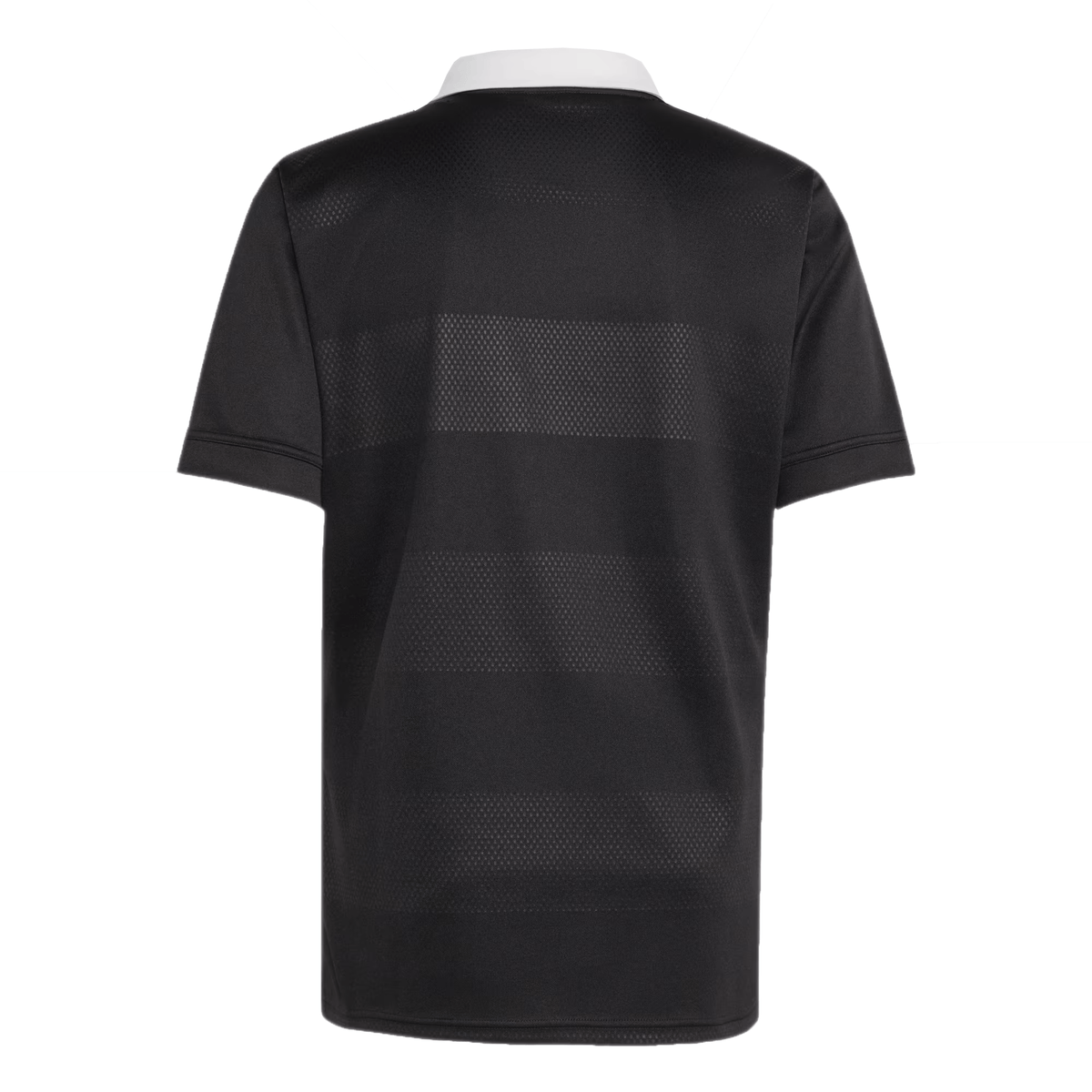Back view of the adidas All Blacks 25/26 Replica Home Jersey, a short-sleeve black sports shirt with subtle horizontal stripes and a white collar, made from recycled polyester, shown against a plain white background.