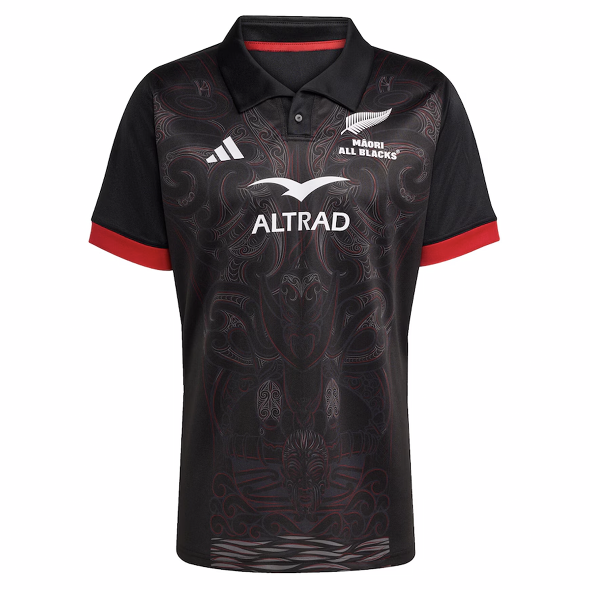 The Maori All Blacks 25/26 Replica Home Jersey by adidas is a black rugby polo with red sleeve trim, Māori-inspired patterns, "Maori All Blacks" text, and adidas and ALTRAD logos featured on the chest.