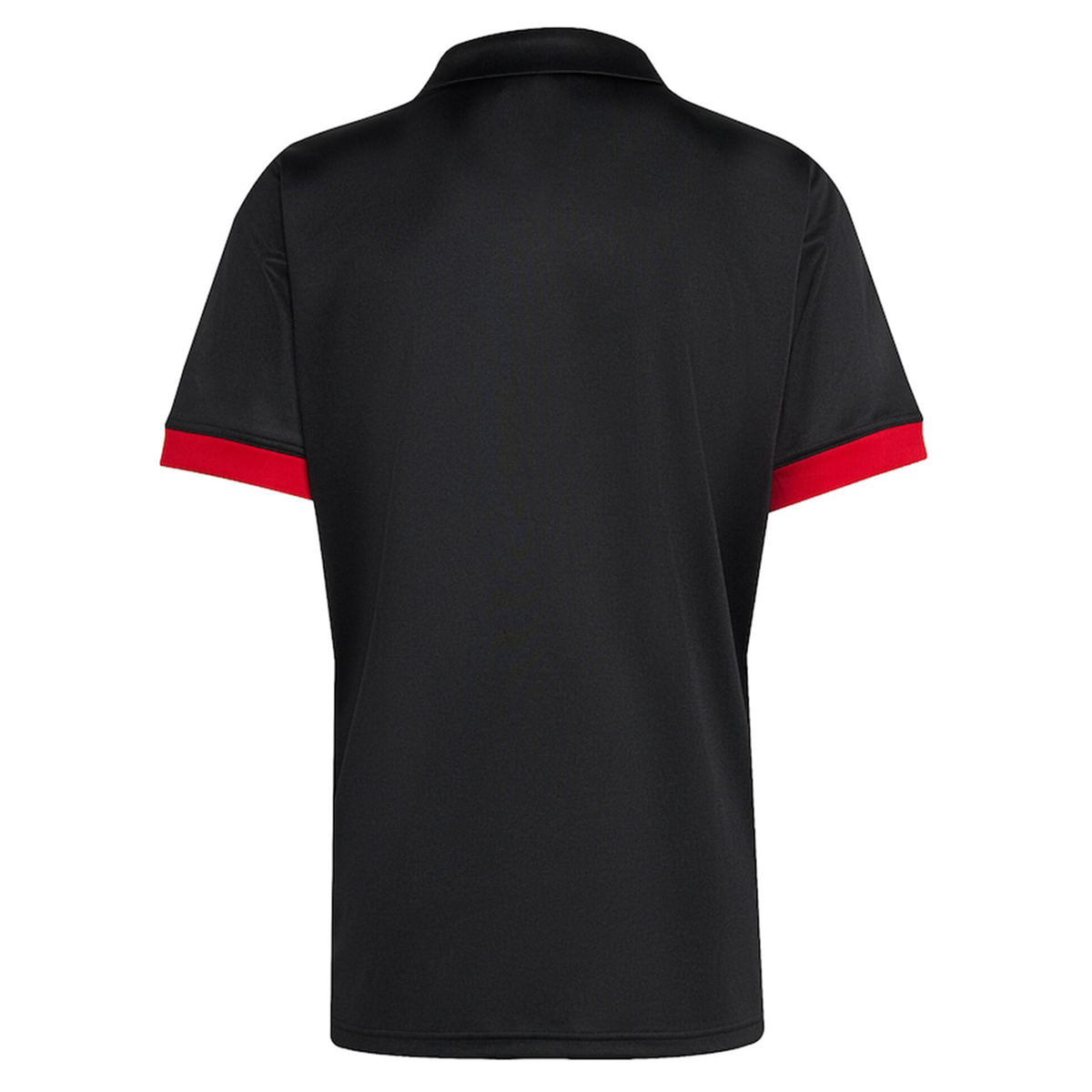 The adidas Maori All Blacks 25/26 Replica Home Jersey is a black short-sleeve polo shirt with red sleeve cuff accents, shown from the back and inspired by the team's heritage.