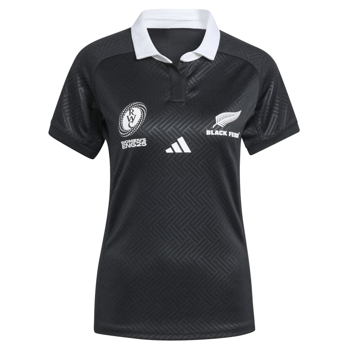 The Women's Black Ferns WRWC25 Replica Home Jersey by adidas features a white collar and displays the Women's Rugby World Cup and Black Ferns logos on the chest—a perfect replica for fans.