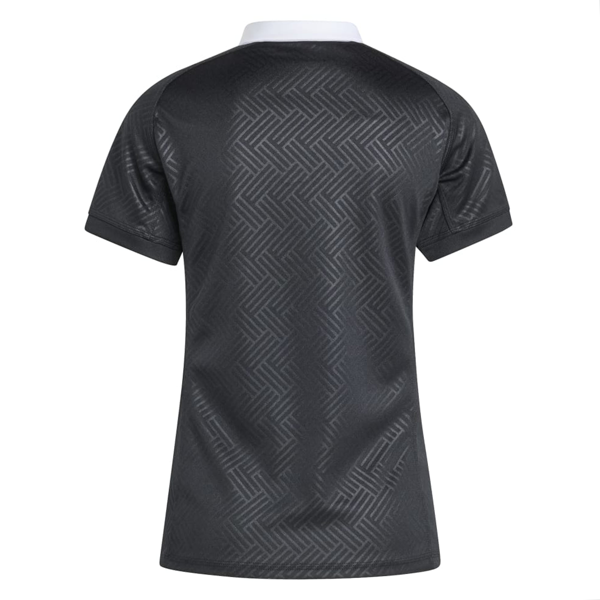 The Women's Black Ferns WRWC25 Replica Home Jersey by adidas features short sleeves, a white collar, and a subtle geometric back pattern, inspired by the Black Ferns jersey. Shown on a plain background.