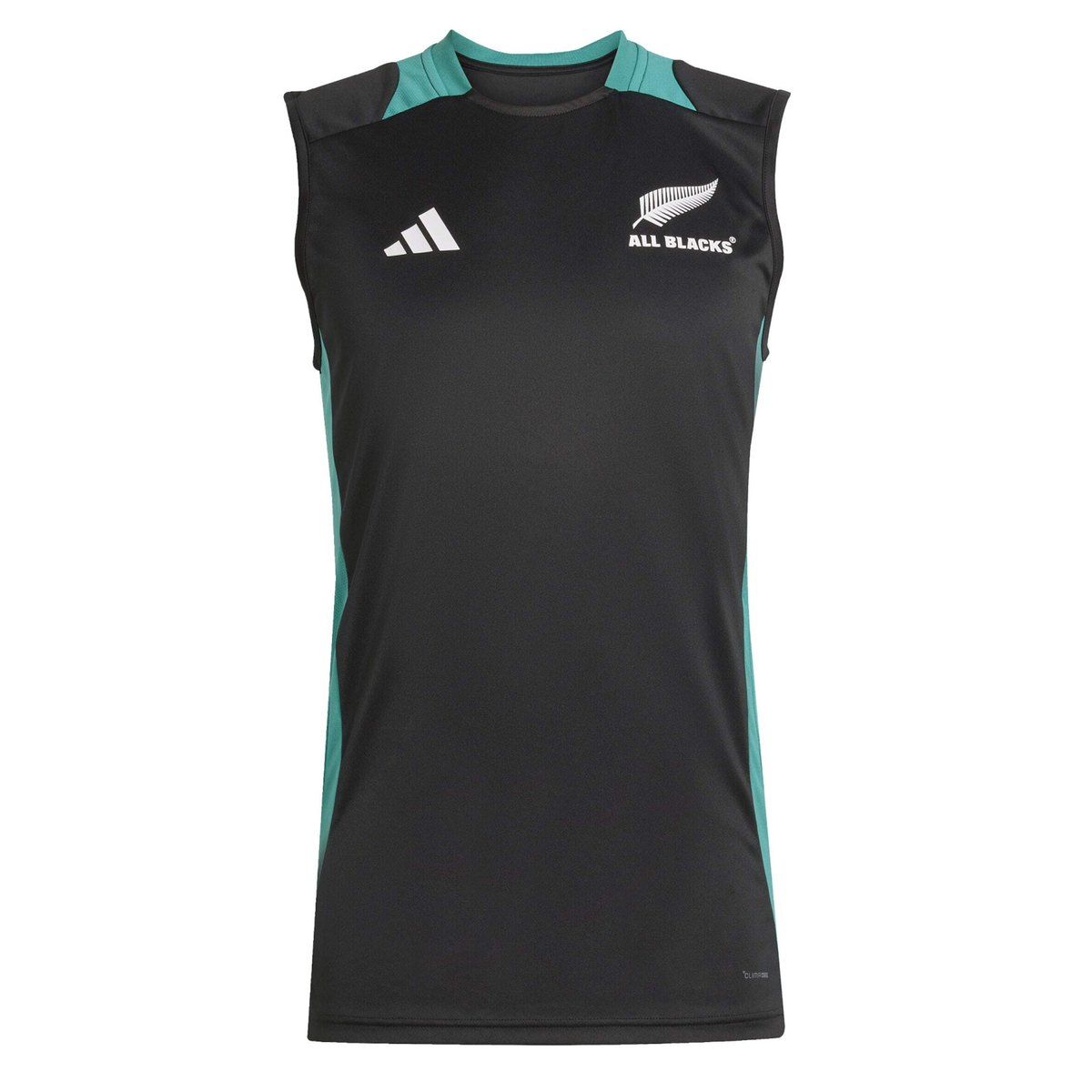 The adidas All Blacks 25/26 Training Singlet is a sleeveless black and teal top featuring the iconic "ALL BLACKS" emblem, ideal for rugby training, shown on a plain white background.