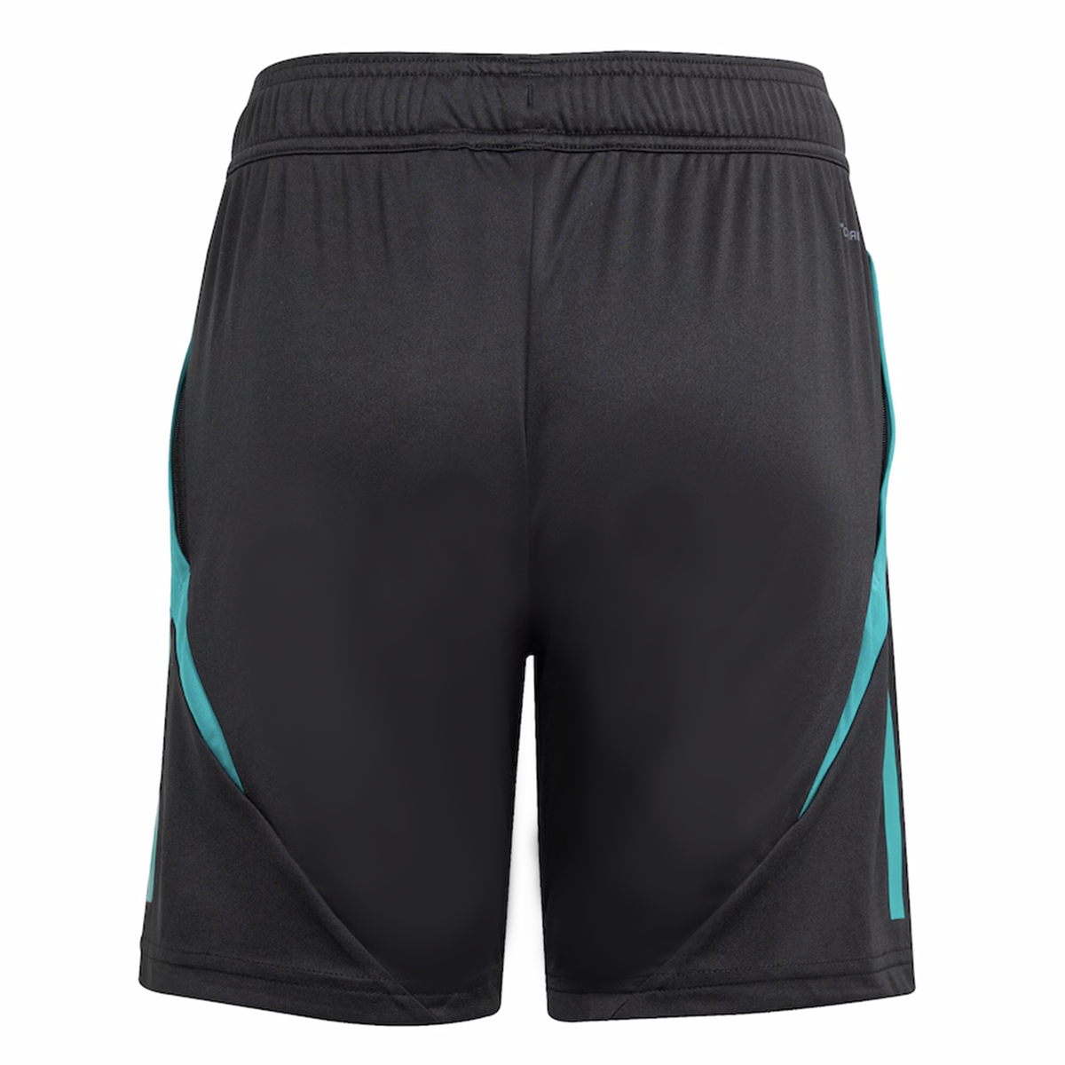 The All Blacks 25/26 Training Gym Short by adidas features teal side accents, an elastic waistband, and classic adidas styling inspired by New Zealand rugby, shown here in a black back view.