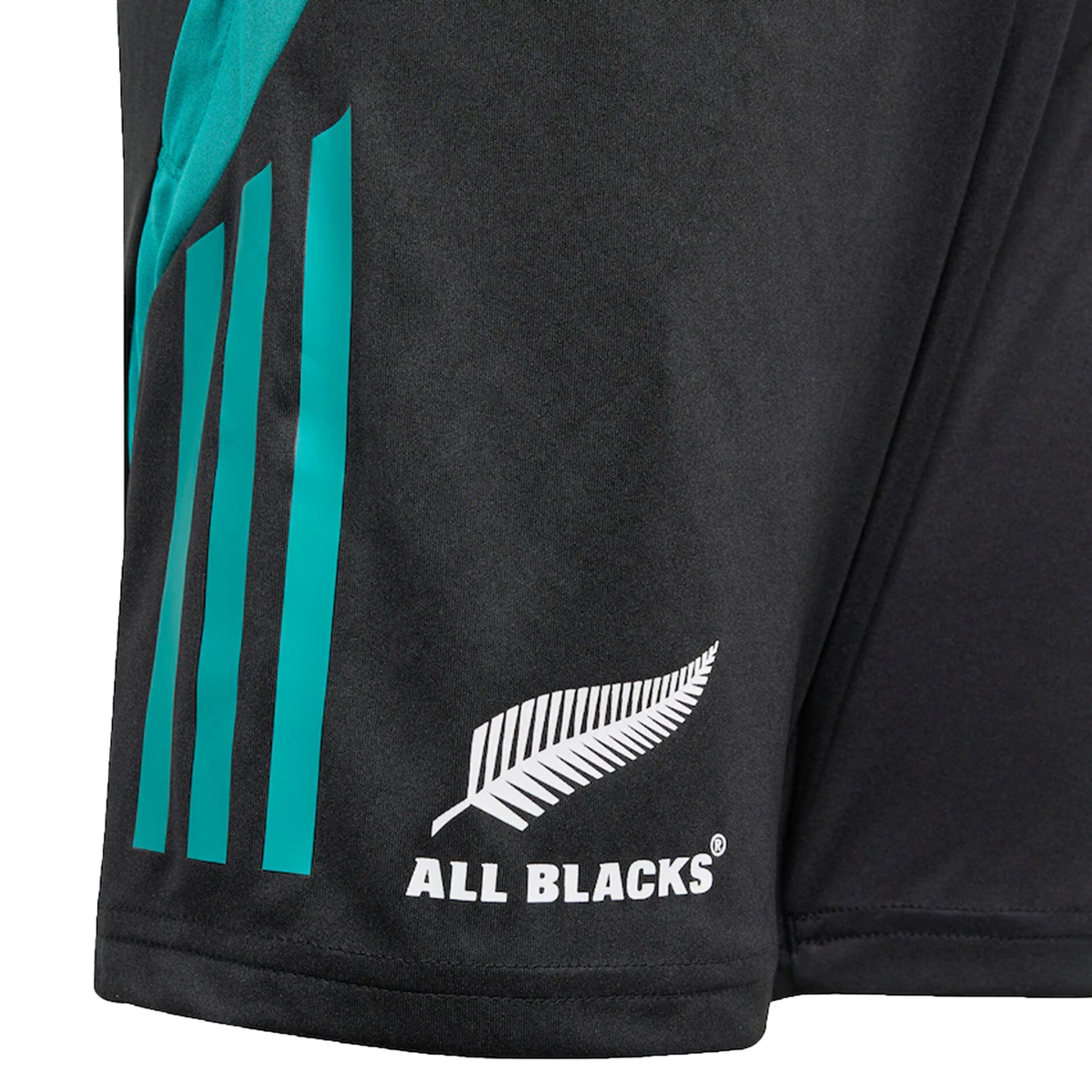 Close-up of the adidas All Blacks 25/26 Training Gym Short—black sports shorts with teal stripes and a white fern logo above "ALL BLACKS," celebrating New Zealand rugby.
