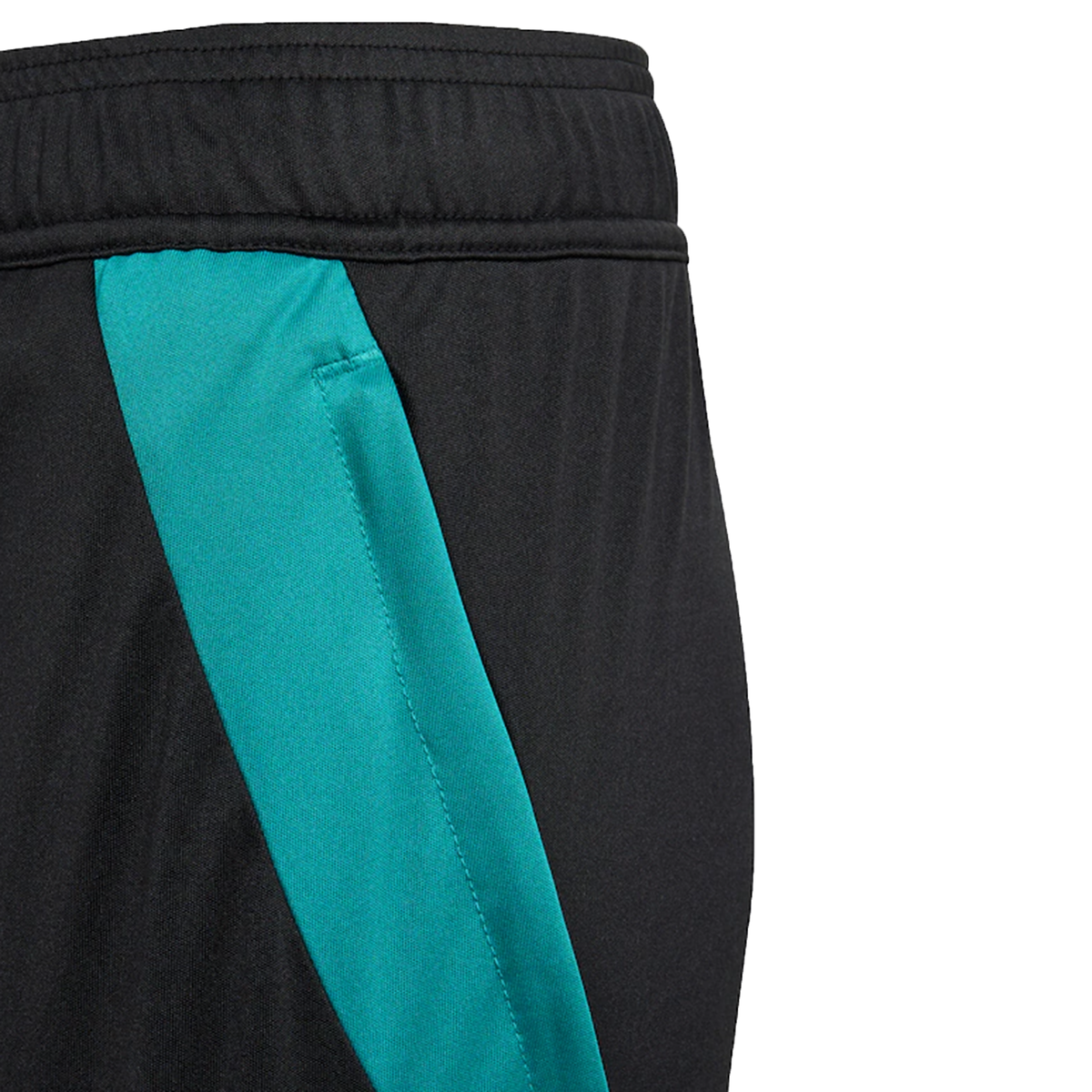 Close-up of adidas All Blacks 25/26 Training Gym Shorts, showcasing a black design with an elastic waistband and teal-accented side pocket, inspired by classic New Zealand rugby shorts.