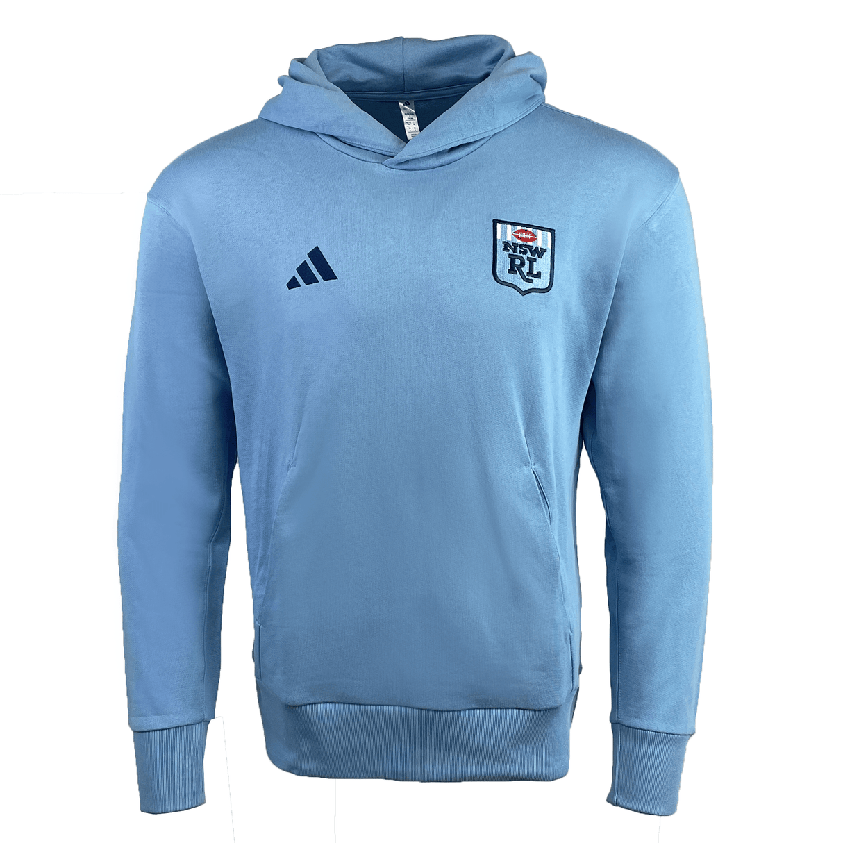Light blue cotton pullover hoodie from adidas New South Wales Rugby League 24/25 Season collection, featuring a front pocket, NSW Rugby League logo patch on the right chest and adidas logo on the left.